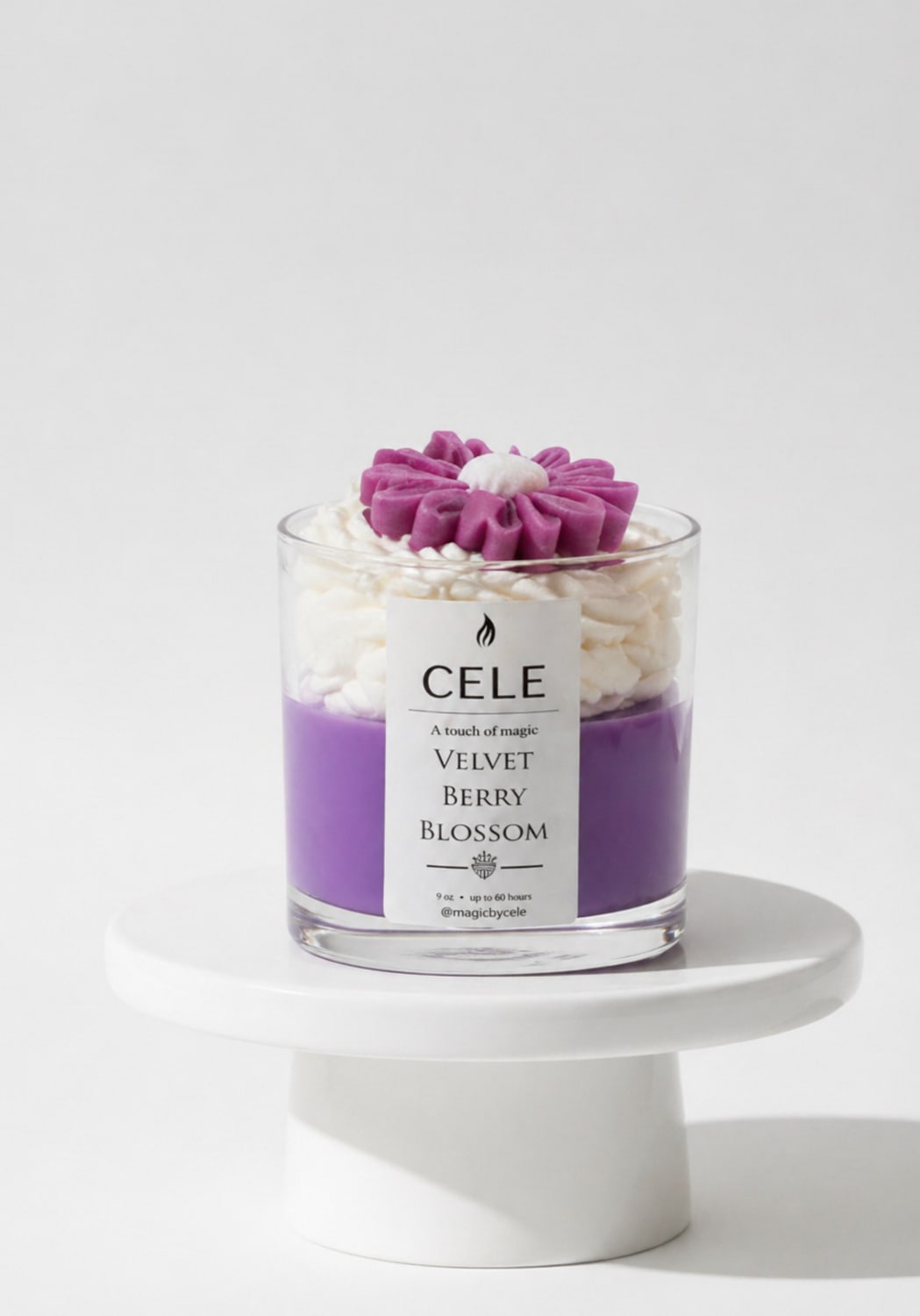 CELE Velvet Berry Blossom  - Velvet Berry Blossom is a handmade raspberry-scented candle with a sweet and fruity aroma that creates a fresh, cozy, and elegant atmosphere. It has an approximate burn time of 60 hours, making it perfect for long-lasting fragrance and everyday enjoyment.