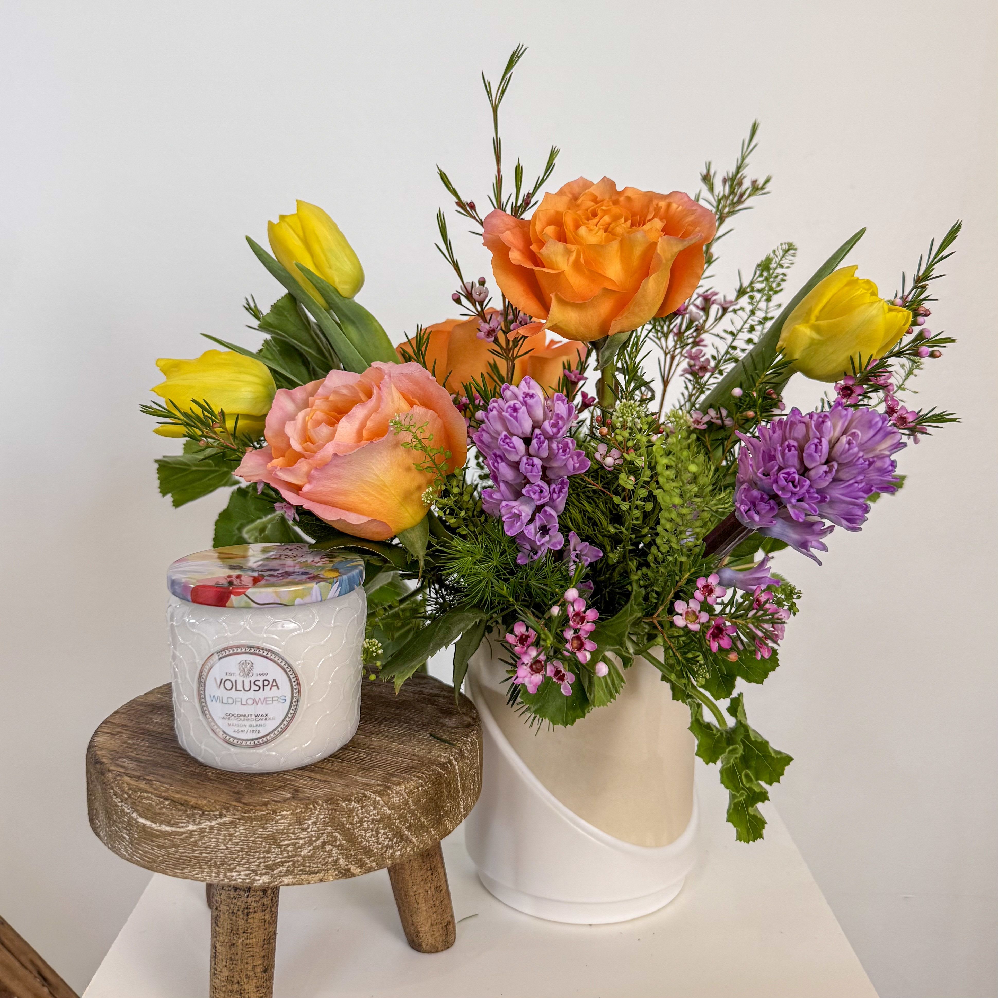Wildflower Duo - A wildflower inspired arrangement pairs beautifully with a wildflower scented candle (Voluspa's Wildflowers scent: Notes of Native Wildflowers, Golden Poppy, Springing Herbs &amp; Soft Citrus.)