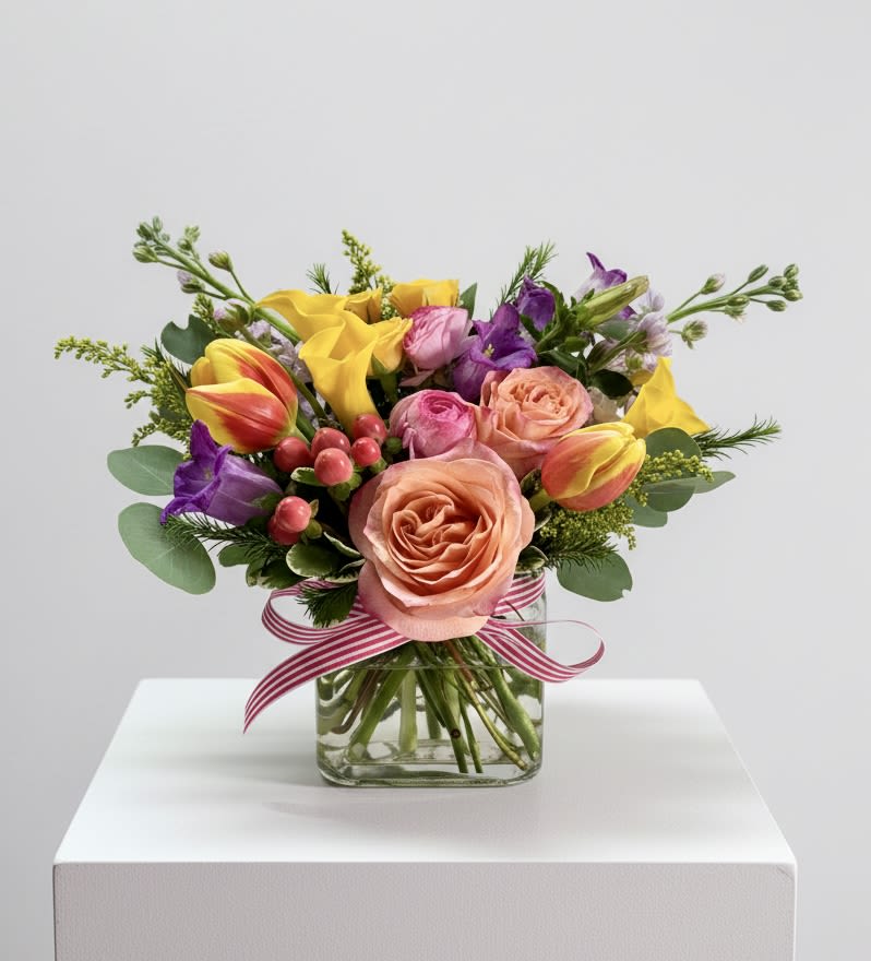 Mother’s Day Bright Mix  - A clear glass cube filled with bright colors of yellow, coral, lavender, and pink! A seasonal mix including roses, calla lilies, spray roses and ranunculus to name a few! 
