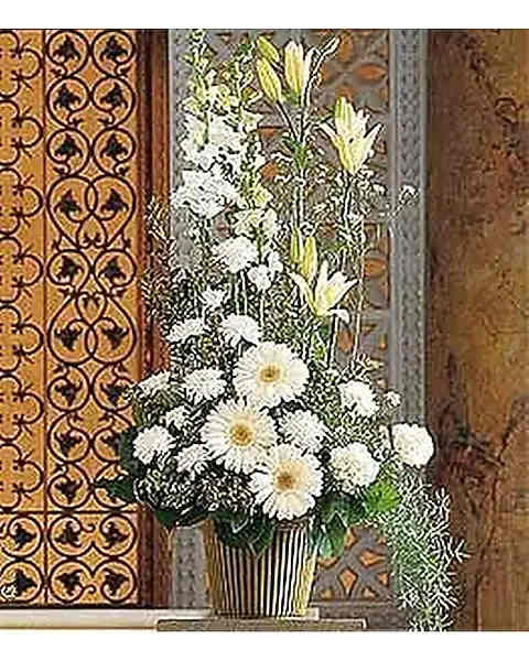 Tall White Arrangement - With its striking array of white flowers, this arrangement will fill any room with the warmest impressions of all. One arrangement with white carnations, chrysanthemums, gerberas, Asiatic lilies, asters and snapdragons arrives in a classic container. 