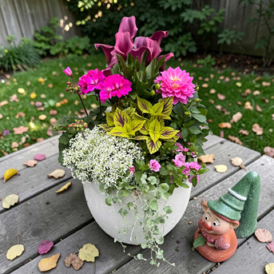 Large White Ceramic Planter - Tall purple calla lilies soar above bright pink dahlias and rounded white dianthus in this garden-style flower arrangement for housewarming, birthday, or thank-you gifting. The vertical drama of the callas paired with soft, domed white clusters creates an immediate focal point that will make the person you're thinking of feel celebrated and seen-an especially lovely surprise for Mother's Day or an autumn mantle refresh.  Lime-green and burgundy-variegated foliage provides punchy contrast and seasonal warmth, while trailing greenery softens the base and spills gently over the rim of the clean white ceramic pot. A small garden gnome figurine tucked into the design adds a playful, decorative touch; overall colors are pink, purple, white, and green for a fresh yet cozy look that suits a mantel, entry table, or kitchen counter.  Sized to read generous without overwhelming tabletops, this arrangement arrives ready to display in its sturdy white planter. For best enjoyment, keep in a cool spot out of direct midday sun and refresh the water as needed-an effortless, thoughtful way to brighten a new home, say thanks, mark a birthday, or lift someone's spirits just because.