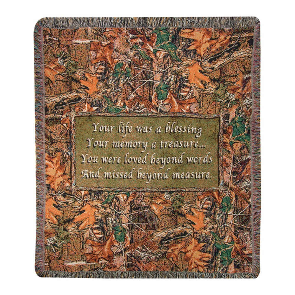 Memorial throw blanket with autumn leaves and a sympathy message