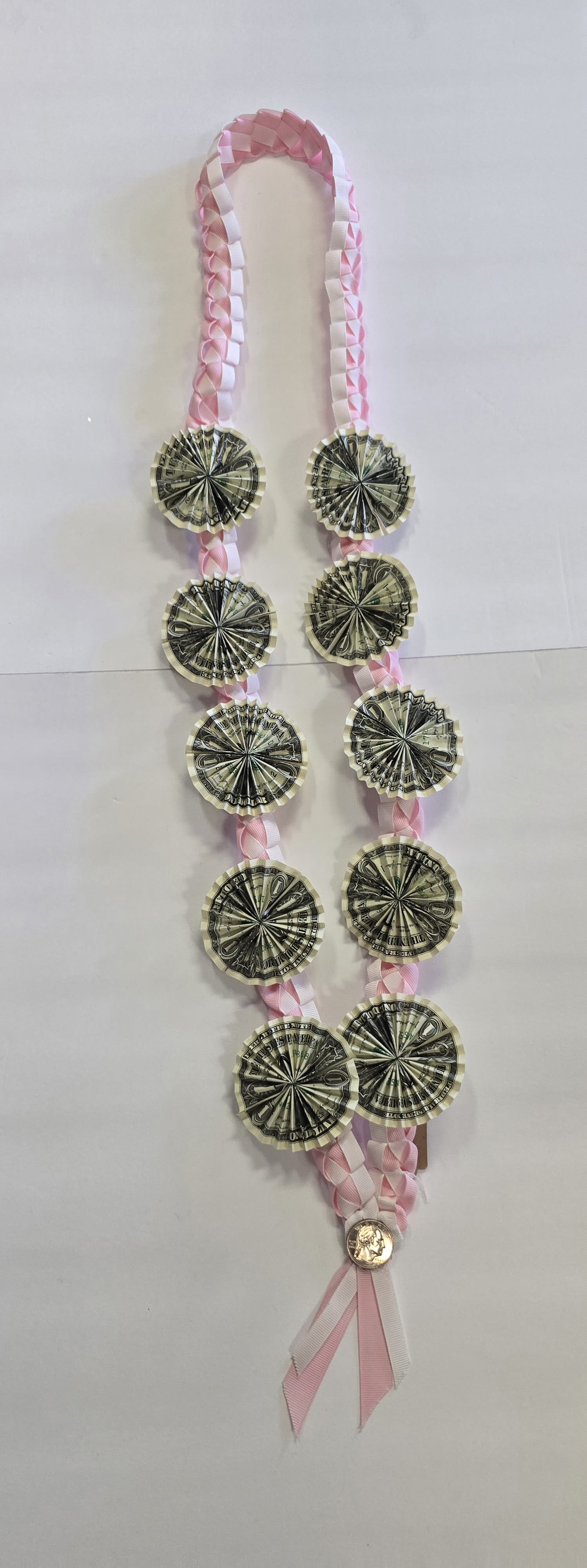 Pink &amp; White Money Lei #25 - (10- $1 DOLLAR BILLS ) THESE ARE REAL MONEY ON THE LEI, THERE IS NO RETURN  AND NO REFUND. ALL SALES ARE FINAL ON THESE LEI. WE HAVE MANY COLORS AVAILABLE, PLEASE CALL FOR MORE INFORMATIONS