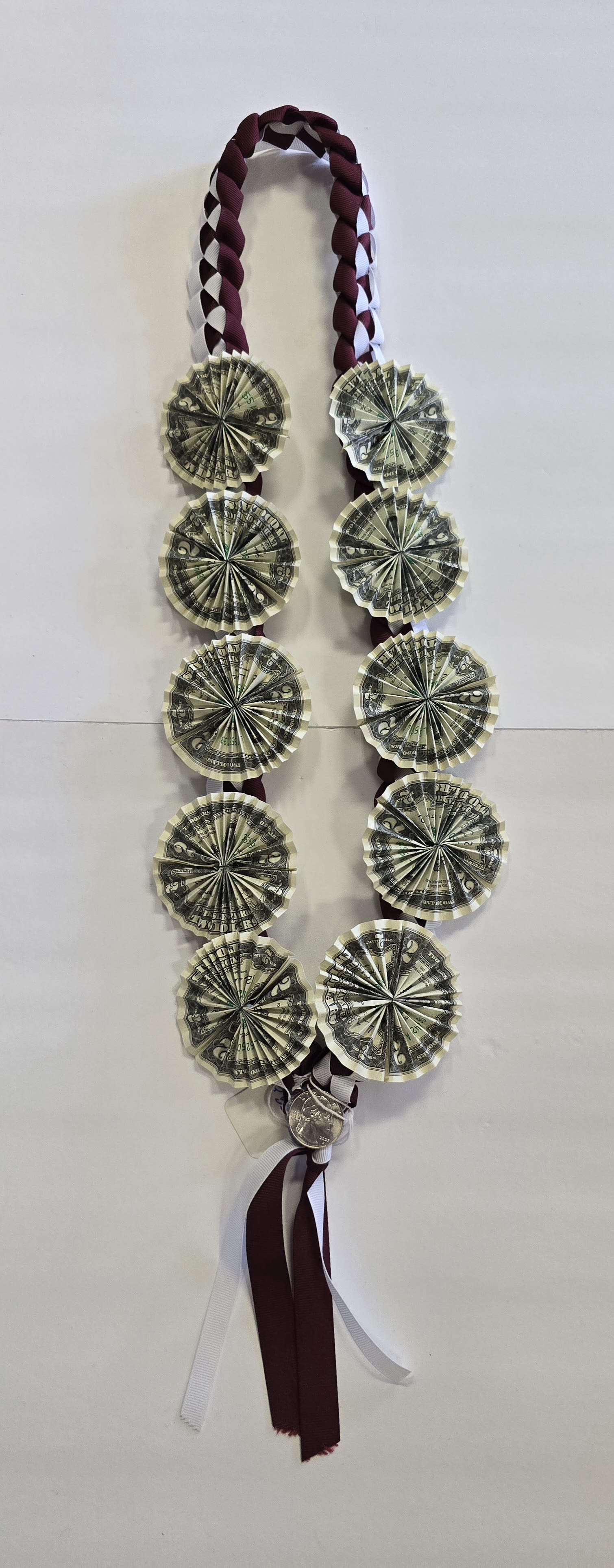 Burgundy &amp; White Money Lei #27 - (10- $2 DOLLAR BILLS ) THESE ARE REAL MONEY ON THE LEI, THERE IS NO RETURN  AND NO REFUND. ALL SALES ARE FINAL ON THESE LEI. WE HAVE MANY COLORS AVAILABLE, PLEASE CALL FOR MORE INFORMATIONS(