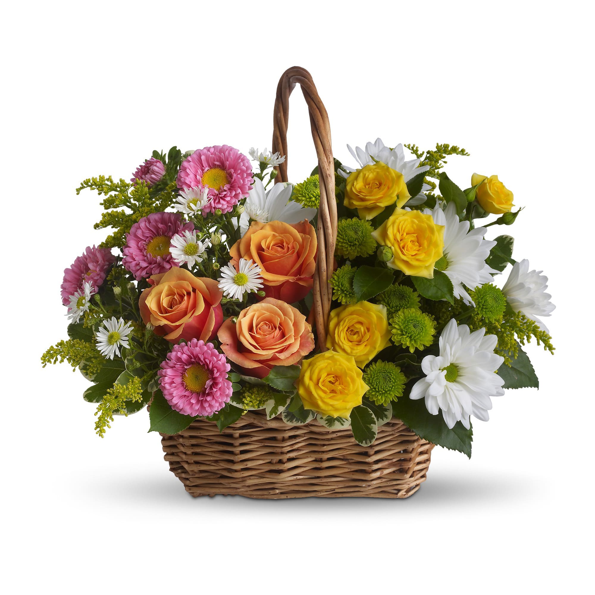 Basket of pink, orange, yellow, and white flowers