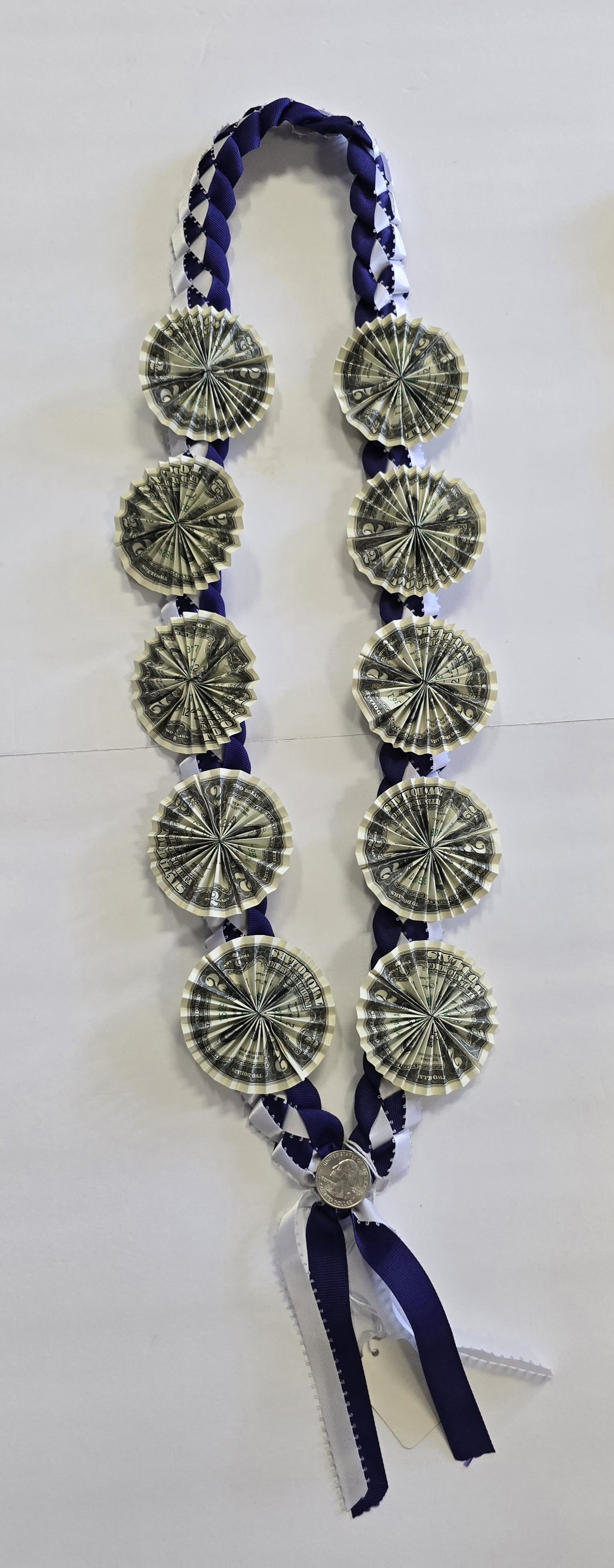 Blue &amp; White Money Lei #28 - (10- $2 DOLLAR BILLS ) THESE ARE REAL MONEY ON THE LEI, THERE IS NO RETURN  AND NO REFUND. ALL SALES ARE FINAL ON THESE LEI. WE HAVE MANY COLORS AVAILABLE, PLEASE CALL FOR MORE INFORMATIONS