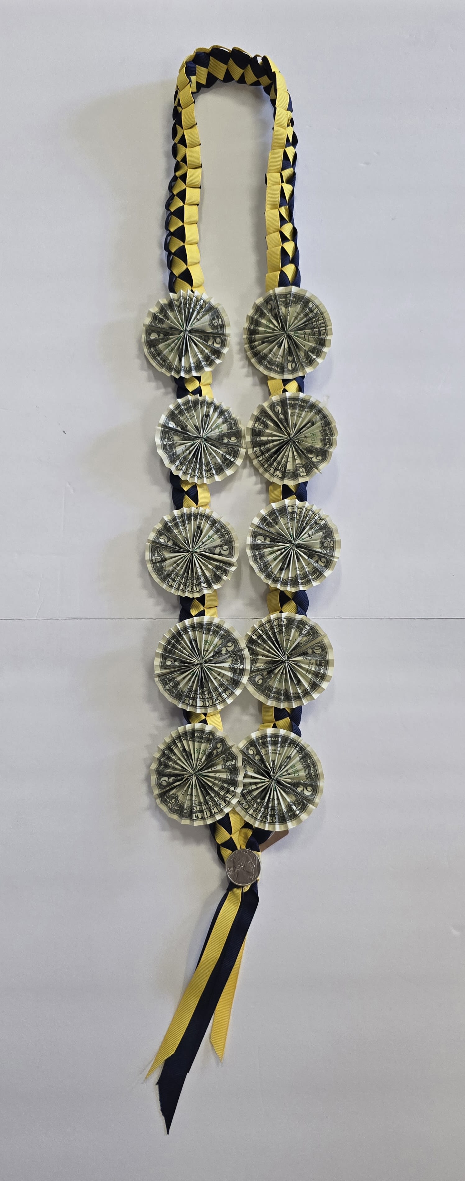 Blue &amp; Yellow Money Lei #30 - (10- $2 DOLLAR BILLS ) THESE ARE REAL MONEY ON THE LEI, THERE IS NO RETURN  AND NO REFUND. ALL SALES ARE FINAL ON THESE LEI. WE HAVE MANY COLORS AVAILABLE, PLEASE CALL FOR MORE INFORMATIONS
