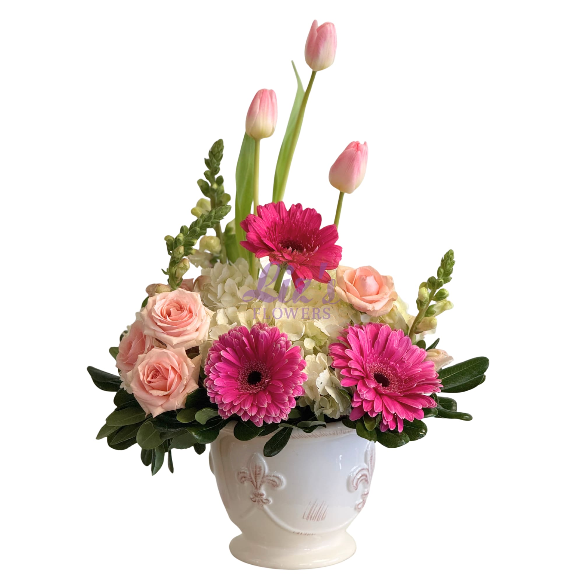 Garden Blush - glossy white glazed finished ceramic compote vase with pink gerbera daisies, pale pink roses, and tulips