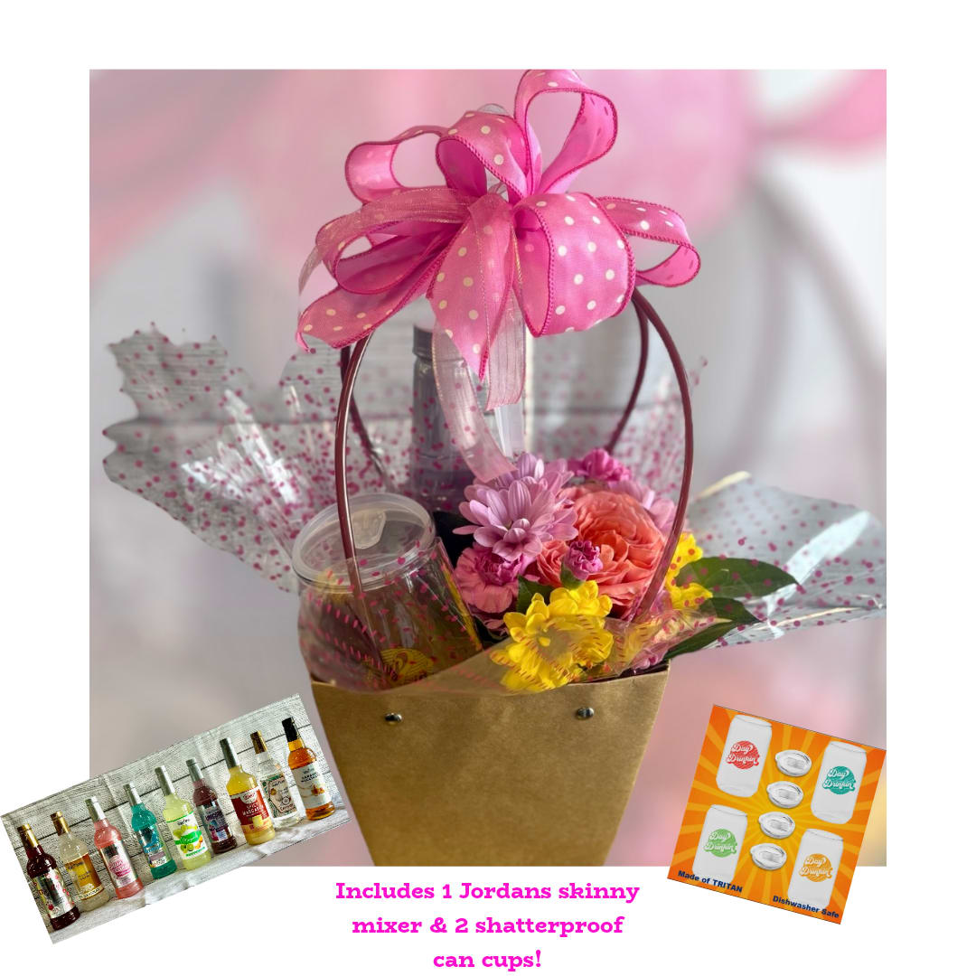 Flower Power Happy Hour - A gift that's a whole vibe! Nestled inside a kraft tote is a sweet bouquet of lovely blossoms. Stars of the show include....1 Jordans skinny mixer and a set of 2 shatterproof can cups! A sweet and celebratory gift just in time for summer! (Picture is for reference, colors, flowers, flavor, and script on cup will vary making each one unique)