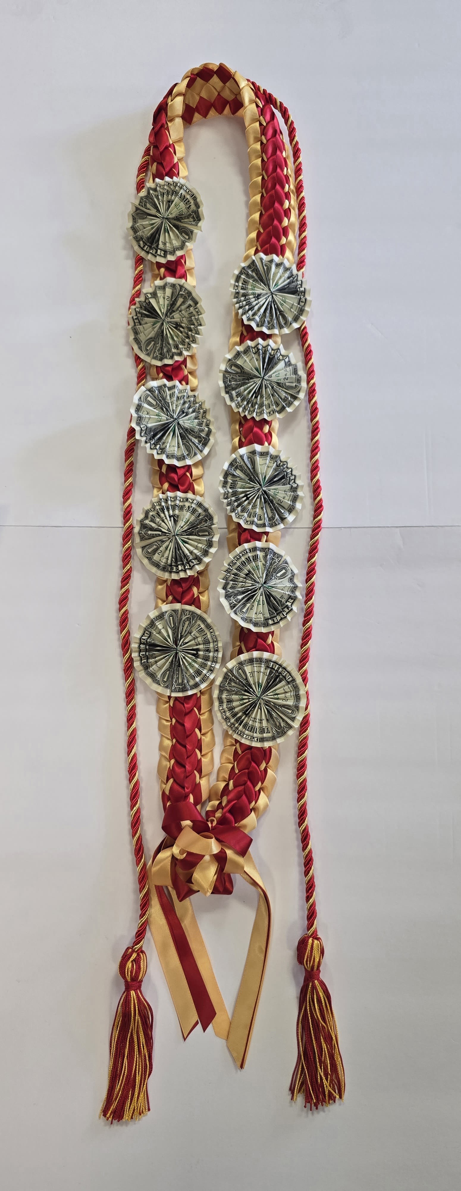 Burgundy &amp; Yellow Tassel Money Lei #32 - (10- $1 DOLLAR BILLS ) THESE ARE REAL MONEY ON THE LEI, THERE IS NO RETURN  AND NO REFUND. ALL SALES ARE FINAL ON THESE LEI. WE HAVE MANY COLORS AVAILABLE, PLEASE CALL FOR MORE INFORMATIONS