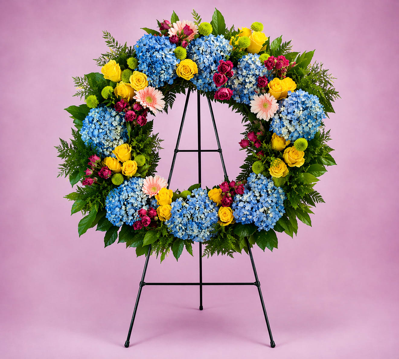 Heaven's Promise - A radiant expression of comfort and hope, Heaven’s Promise is designed to bring light during a difficult time. Lush blue hydrangeas form a peaceful foundation, symbolizing understanding and heartfelt emotion, while golden yellow roses offer warmth, remembrance, and enduring love. Soft pink gerbera daisies and rich accent blooms add gentle touches of grace and compassion.  This full, vibrant wreath serves as a beautiful tribute—honoring a life well lived while offering a reminder of brighter days and everlasting peace. Thoughtfully arranged on a standing easel, it creates a comforting presence at any service or celebration of life.