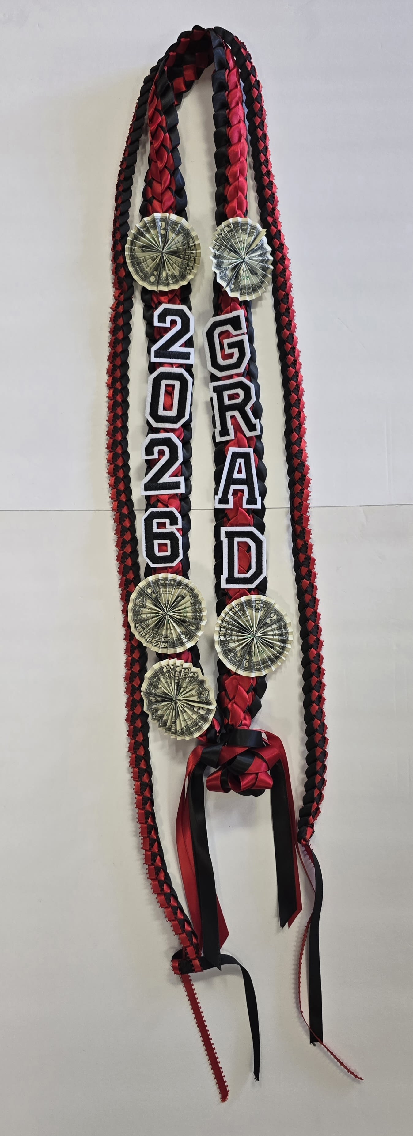 Black &amp; Red 2026 Money Lei #33 - (5- $2 DOLLAR BILLS ) THESE ARE REAL MONEY ON THE LEI, THERE IS NO RETURN  AND NO REFUND. ALL SALES ARE FINAL ON THESE LEI. WE HAVE MANY COLORS AVAILABLE, PLEASE CALL FOR MORE INFORMATIONS