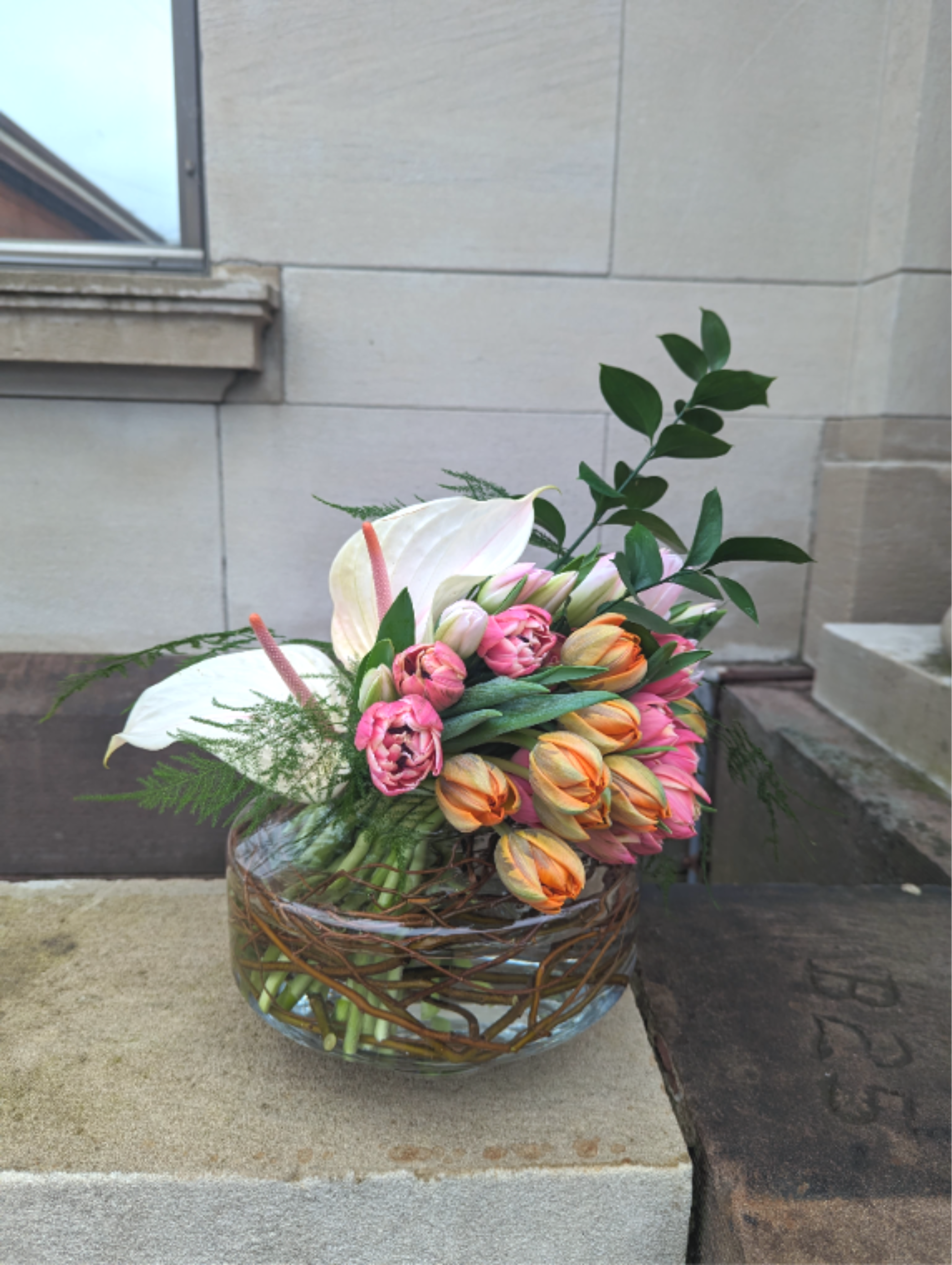 Love you Bunches  - Perfect simplicity. Tulips and anthurium in a keepsake vase. Approximately 15-20 inches tall. Seasonal mix of colors. 