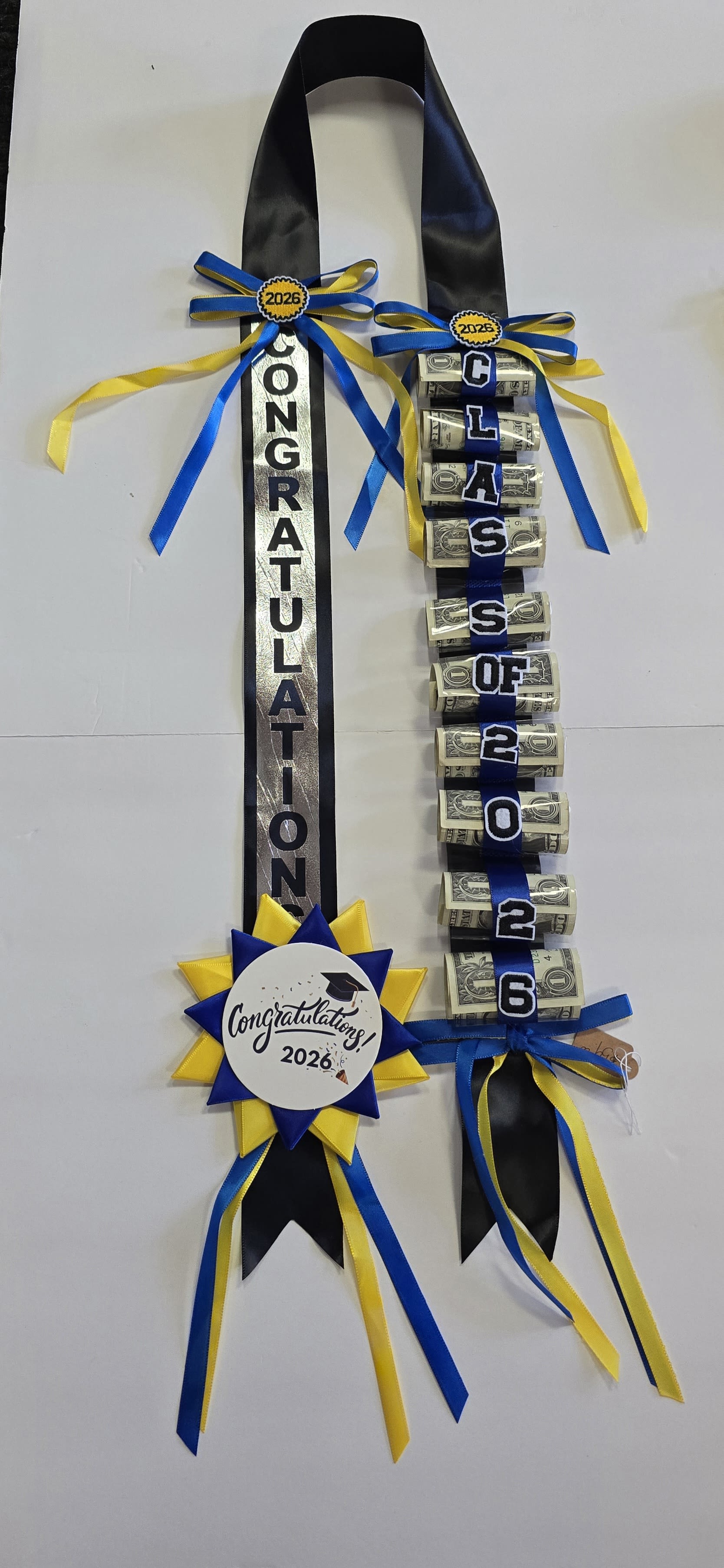 Blue &amp; Yellow 2026 Money Lei #36 - (10- $1 DOLLAR BILLS ) THESE ARE REAL MONEY ON THE LEI, THERE IS NO RETURN  AND NO REFUND. ALL SALES ARE FINAL ON THESE LEI. WE HAVE MANY COLORS AVAILABLE, PLEASE CALL FOR MORE INFORMATIONS
