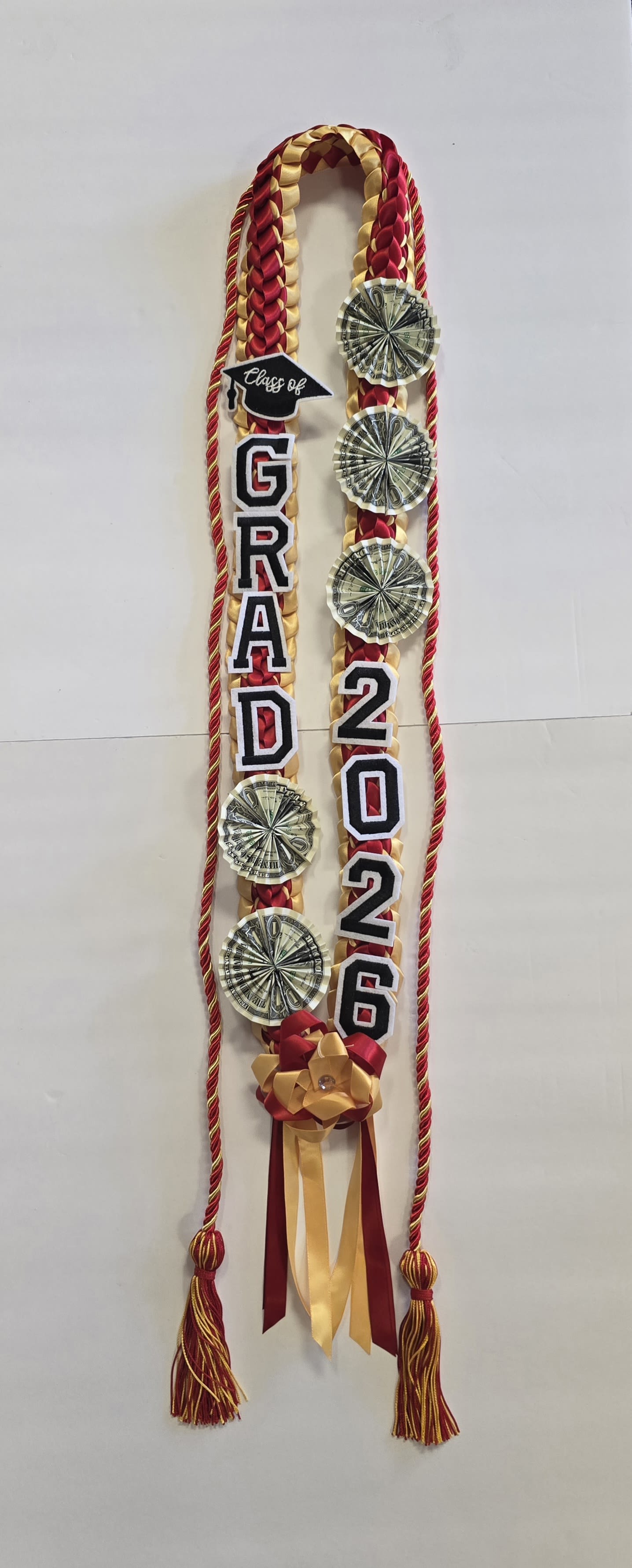 Burgundy &amp; Yellow Grad 2026 Money Lei #38 - THESE ARE REAL MONEY ON THE LEI, THERE IS NO RETURN  AND NO REFUND. ALL SALES ARE FINAL ON THESE LEI. WE HAVE MANY COLORS AVAILABLE, PLEASE CALL FOR MORE INFORMATIONS