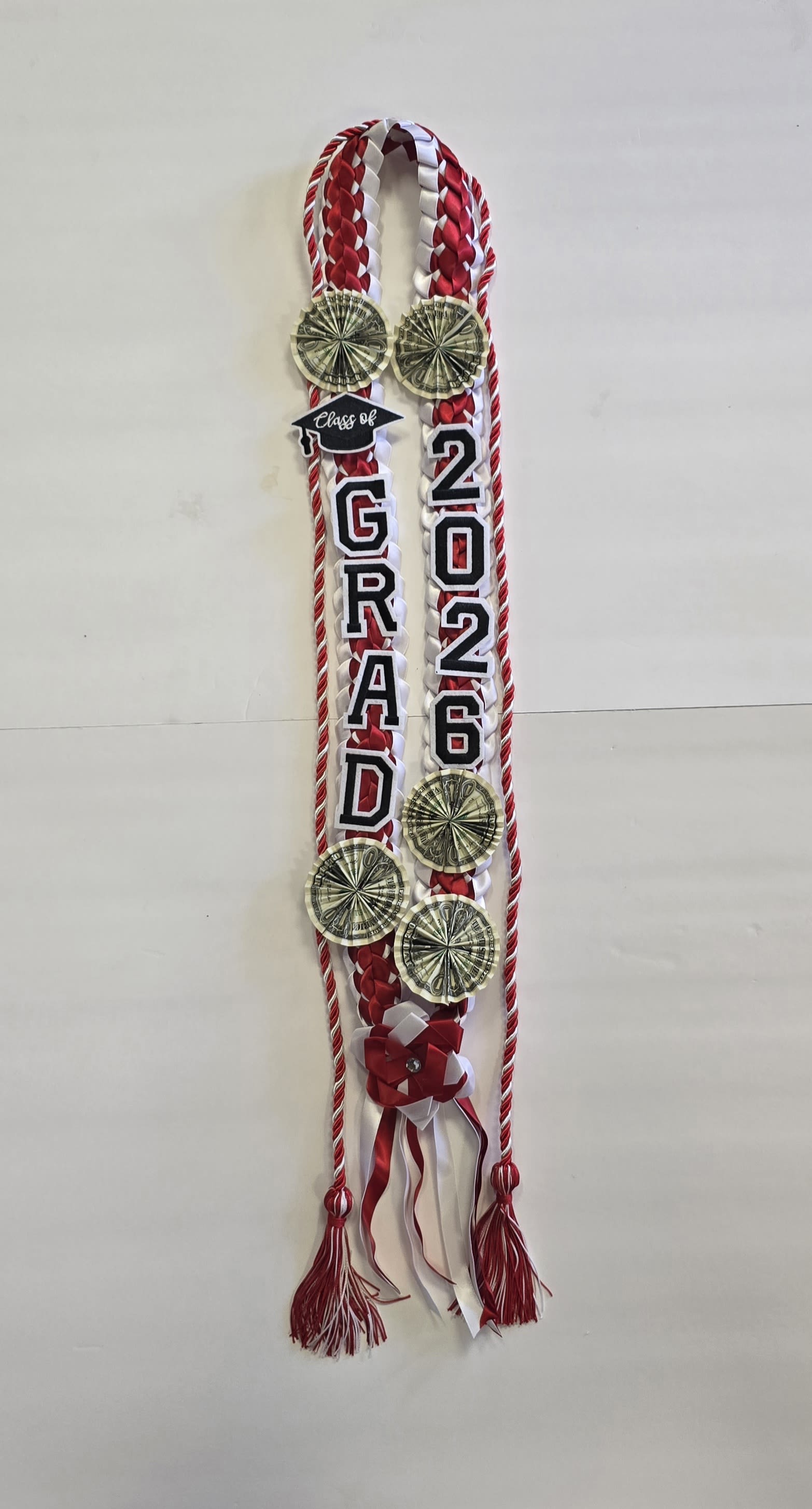 Red &amp; White Grad 2026 Money Lei #39 - THESE ARE REAL MONEY ON THE LEI, THERE IS NO RETURN  AND NO REFUND. ALL SALES ARE FINAL ON THESE LEI. WE HAVE MANY COLORS AVAILABLE, PLEASE CALL FOR MORE INFORMATIONS