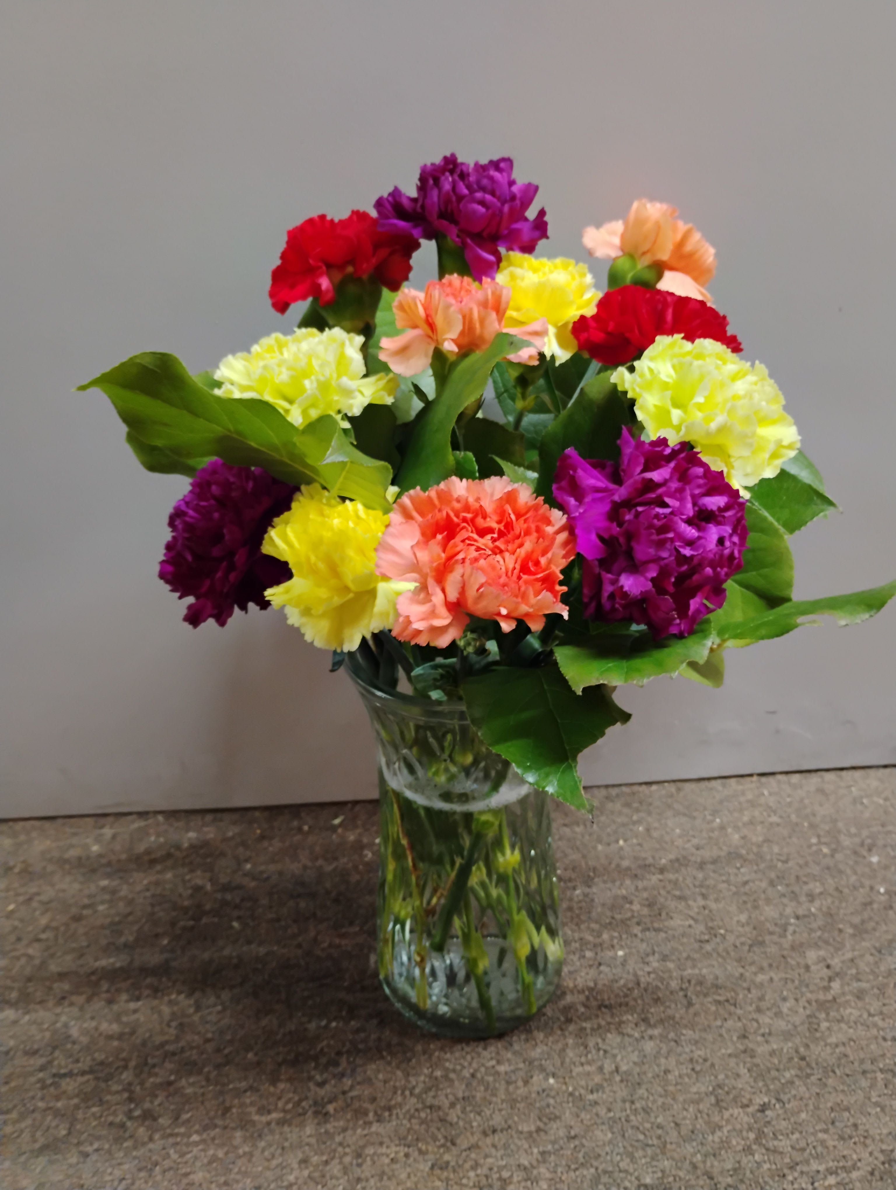 Colorful carnations arranged in a clear glass vase
