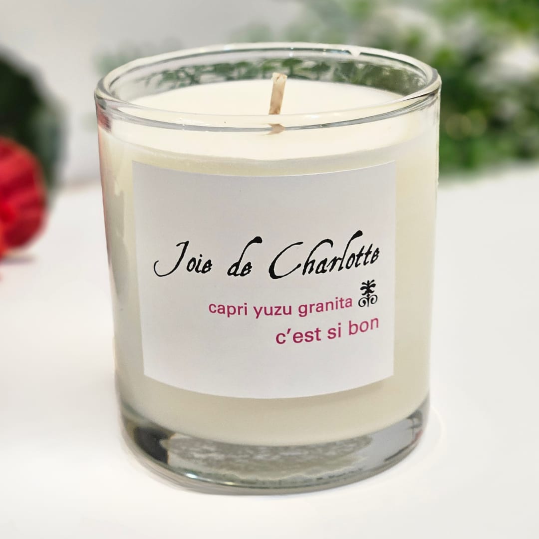 Joie de Charlotte Premium Candle, Scent - Capri Yuzu Granita - Joie de Charlotte Candle, Scent - Capri Yuzu Granita is a pure 100% plant based, sustainable soy, paraffin-free, hand-poured, highly fragrant candle, made in the U.S.A Net weight: 10.6 oz. Experience a cleaner &amp; longer, better quality burn.