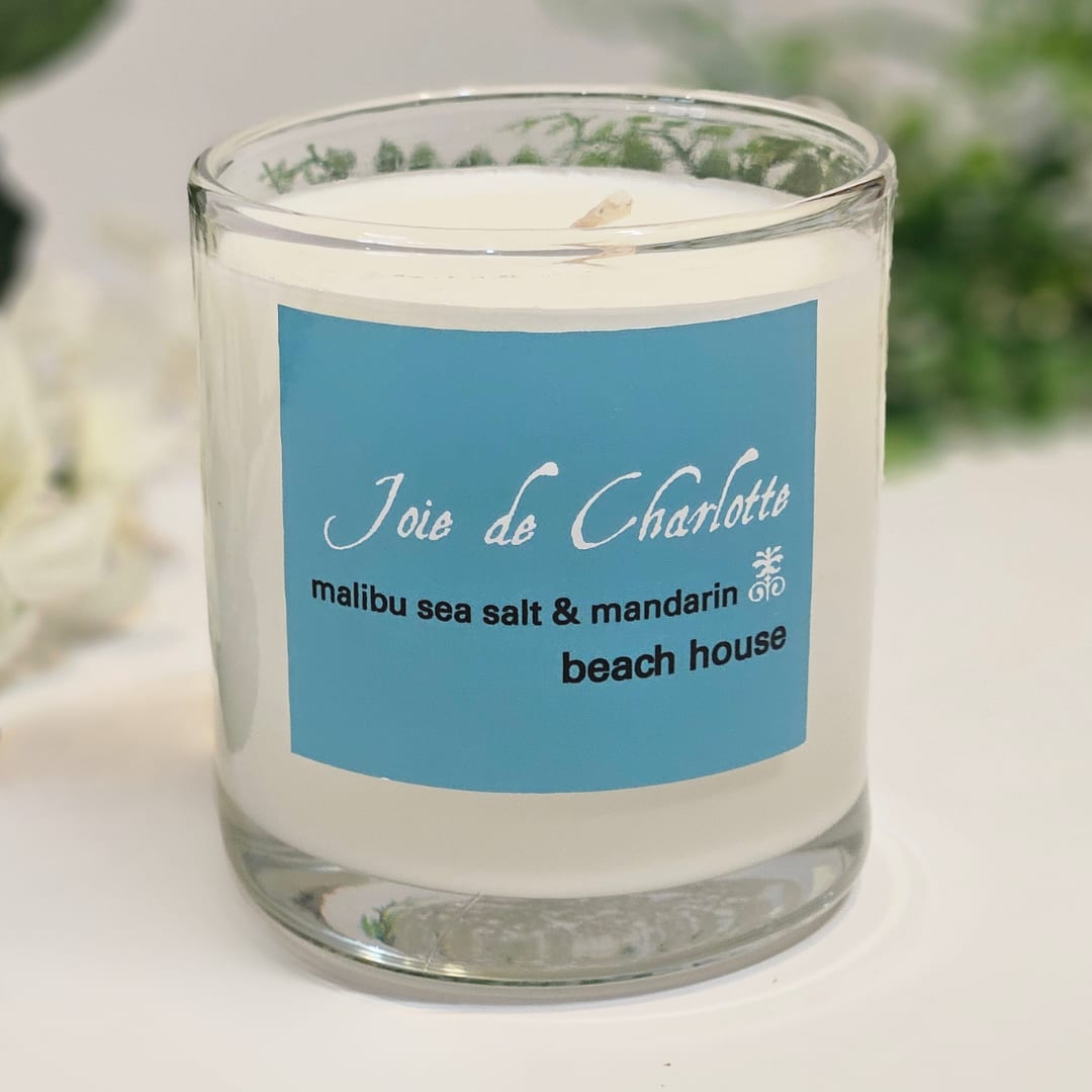 Joie de Charlotte Premium Candle, Scent - Malibu Sea Salt &amp; Mandarin - Joie de Charlotte Candle, Scent - Malibu Sea Salt &amp; Mandarin is a pure 100% plant based, sustainable soy, paraffin-free, hand-poured, highly fragrant candle, made in the U.S.A Net weight: 10.6 oz. Experience a cleaner &amp; longer, better quality burn.