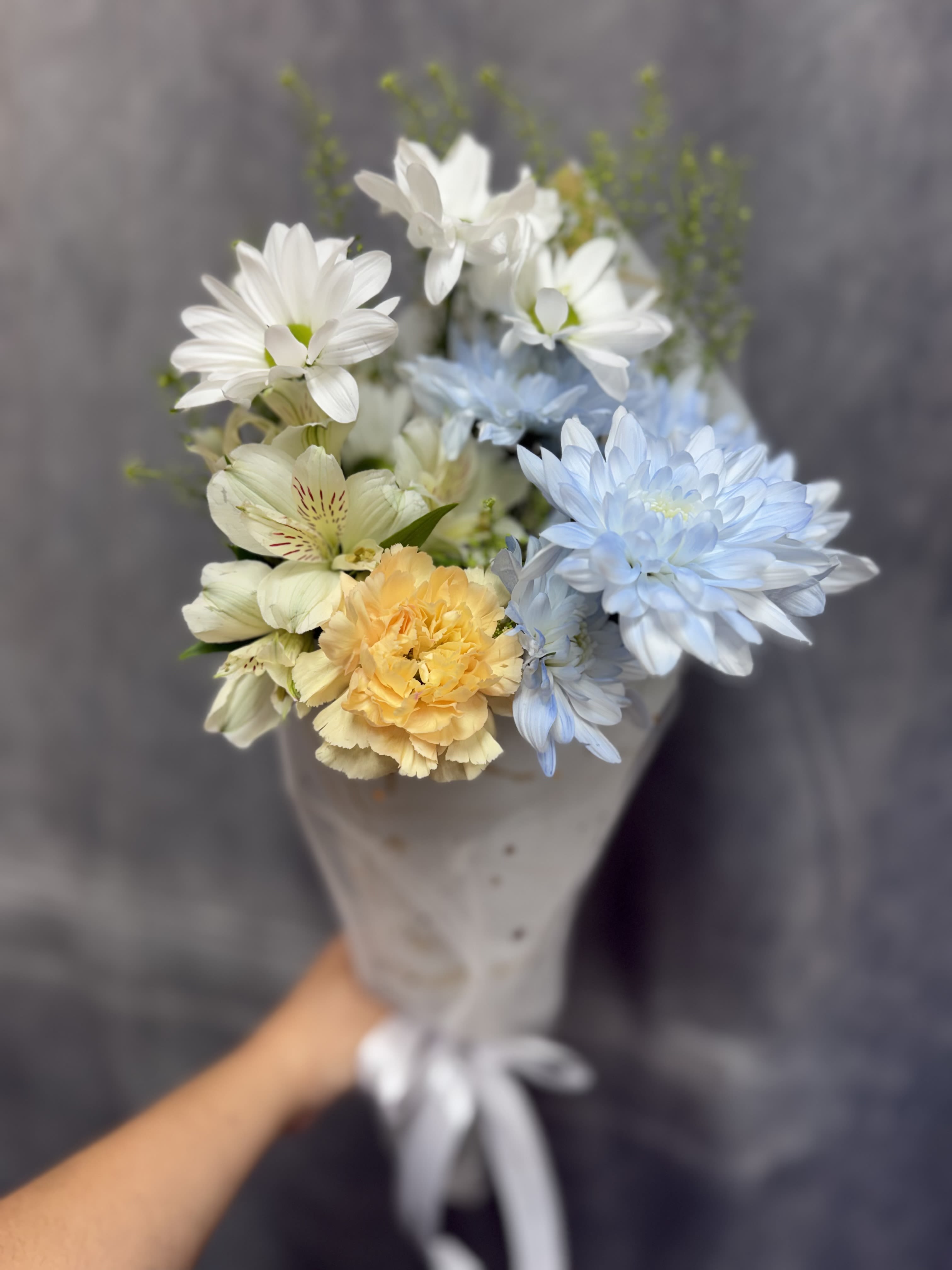 Blue dreams bouquet  - White daisies, with baby blue , carnations and alstroemeria wrapped in soft paper with  ribbon - a light, airy bouquet for cheerful everyday moments.