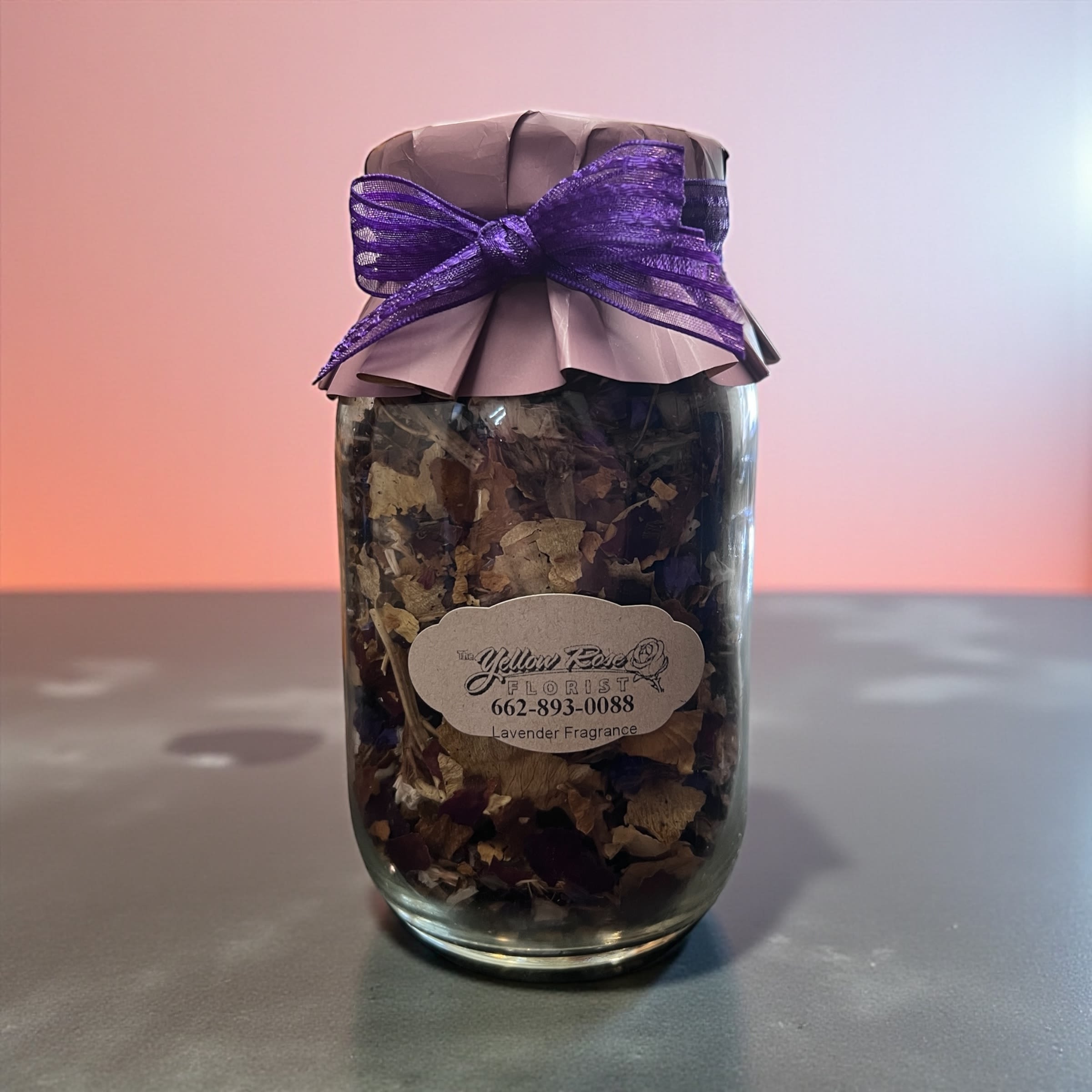 Lavender Potpourri Jar- Made with Fresh Flowers - Bring a soft, calming touch of nature into any room with our handmade Lavender Potpourri Jar. Each Jar is. created here at The Yellow Rose Florist using real, freshly dried flowers from our shop. We blend natural Botanicals and pure Lavender Fragrance to give you a long-lasting, elegant aroma that looks just as beautiful as it smells. This is a quart size filled jar. 