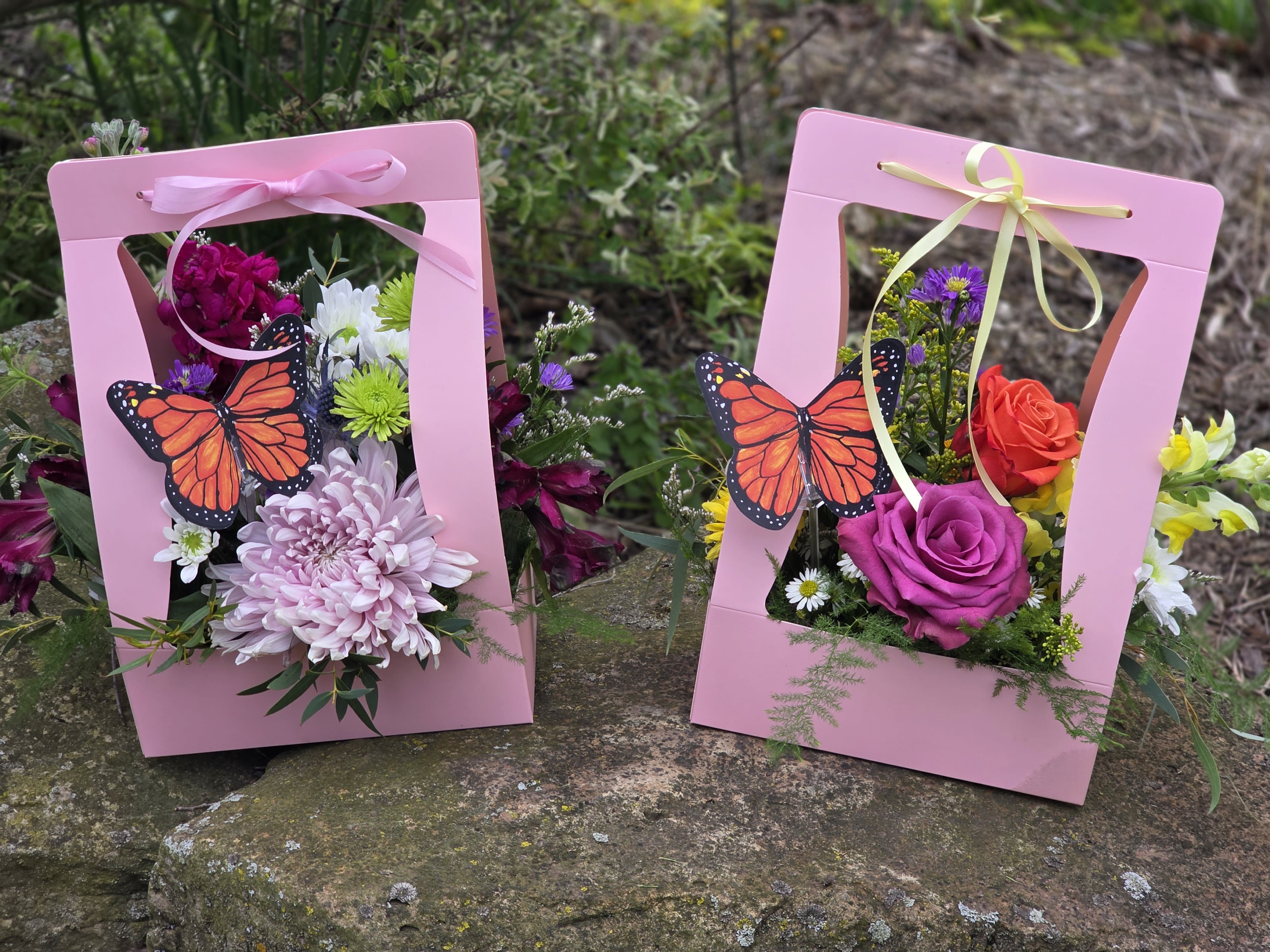 Grab and Go Boxed Bouquet - Beautiful, fresh-cut flowers designed in a handled carrier for easy transport. We’ve done the arranging for you, and the decorative box acts as the container. Just grab the handle and go. High-quality blooms, low-stress pickup.