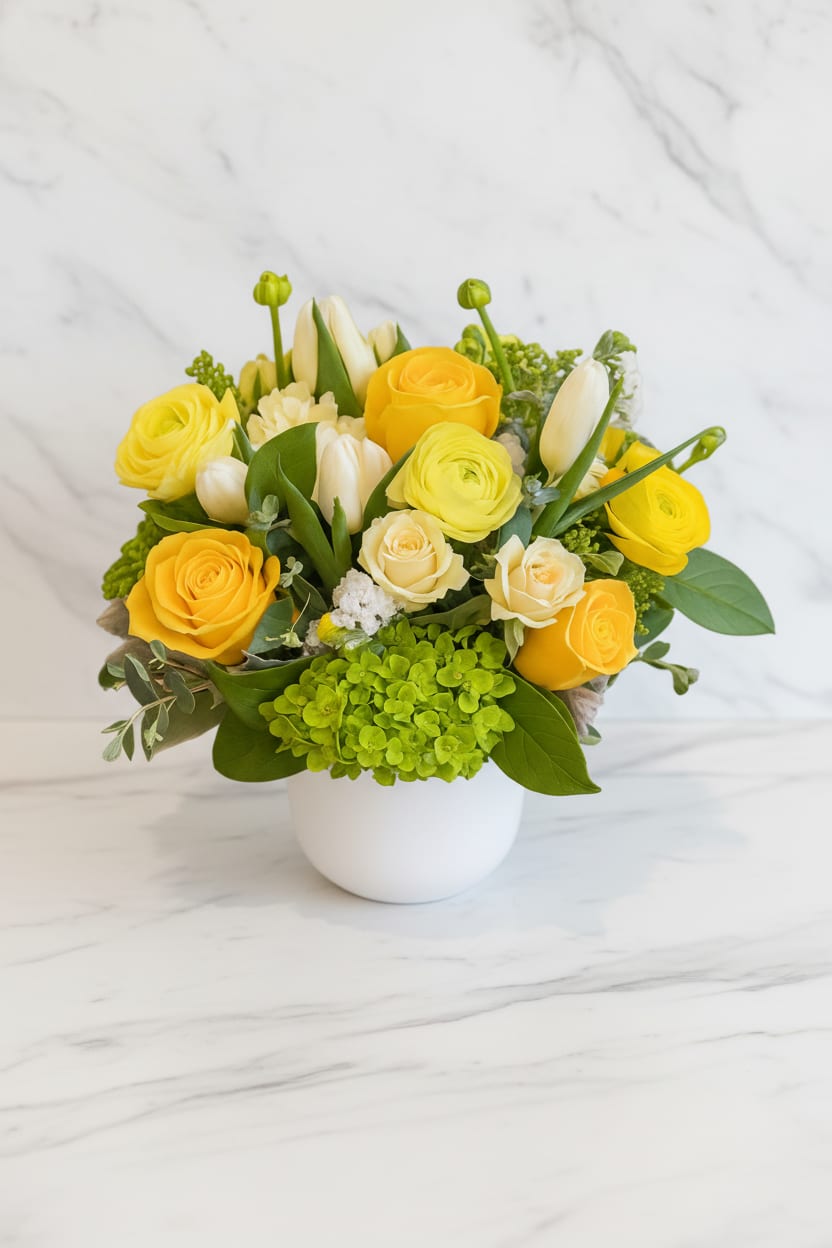 Compact yellow and white rose, tulip, ranunculus, and green hydrangea arrangement in a white round vase