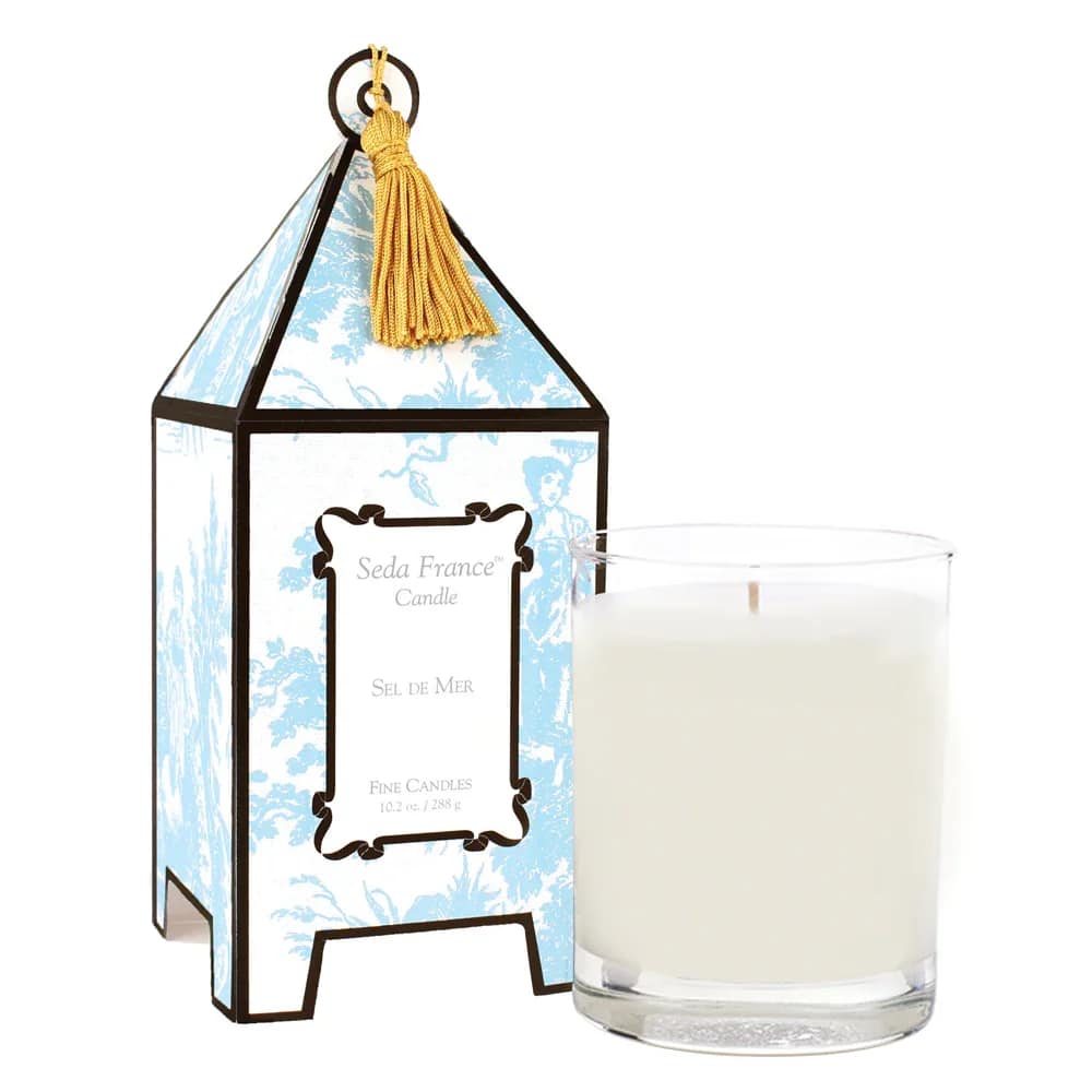 Sel de Mer Classic Toile Pagoda Box Candle by Seda France - For centuries, artisan harvesters have hand-raked the marshes of France for the "sel de mer" left behind by ocean water to collect a coarse, flaky salt that accents both sweet and savory cuisine and is now prized around the world. Seda France's Sel de Mer begins with light green marine notes and layers it with sea moss and the fresh perfumes of cyclamen and lavender, then finishes with touches of earthy wild sage and citrusy petitgrain – all capturing the ocean's most naturally pure product. This generous 10-ounce hand-poured candle has a 60+ hour burn time and is available in a variety of fragrances. This is the original, signature Seda France candle. - Approximate burn time: 60+ Hours - Green marine, sea moss, cyclamen, lavender, wild sage and citrusy petitgrain - Signature packaging needs no gift wrapping