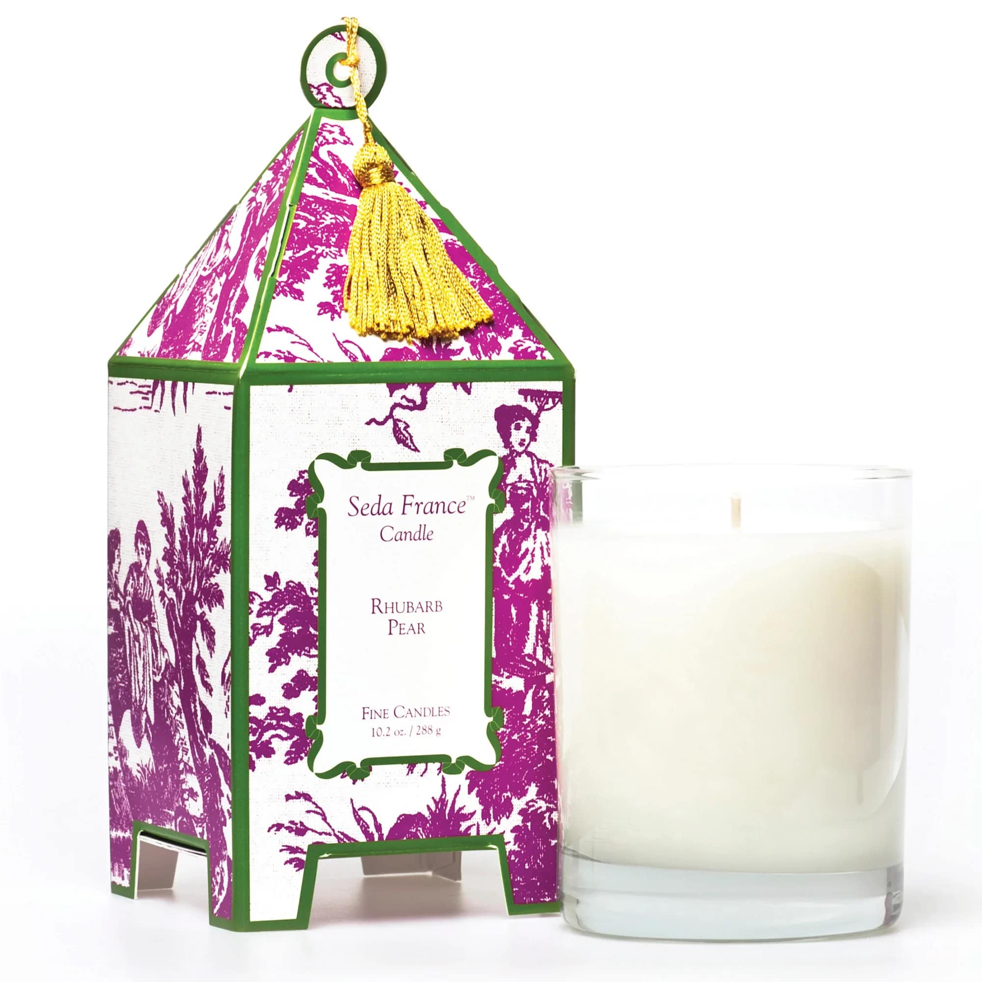Rhubarb Pear Classic Toile Pagoda Box Candle by Seda France - Seda France's Rhubarb Pear fragrance is a harvest of the senses that captures the essence of the hillside orchards and country gardens of Provence. With succulent notes of pear, rhubarb and berries, this fruity aromatic packs a final punch with a twist of zesty grapefruit. This generous 10-ounce hand-poured candle has a 60+ hour burn time and is available in a variety of fragrances. This is the original, signature Seda France candle. - Approximate burn time: 60+ Hours - Pear, rhubarb, berries and grapefruit - Signature packaging needs no gift wrapping; etched glass with toile design