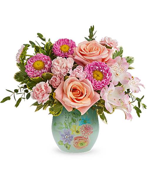Water Color Garden vase - Watercolor Garden Bouquet is a cheerful Mother's Day flower arrangement of peach and pink blooms, beautifully presented in Watercolor Garden Vase keepsake-perfect for celebrating Mom with fresh spring style.
