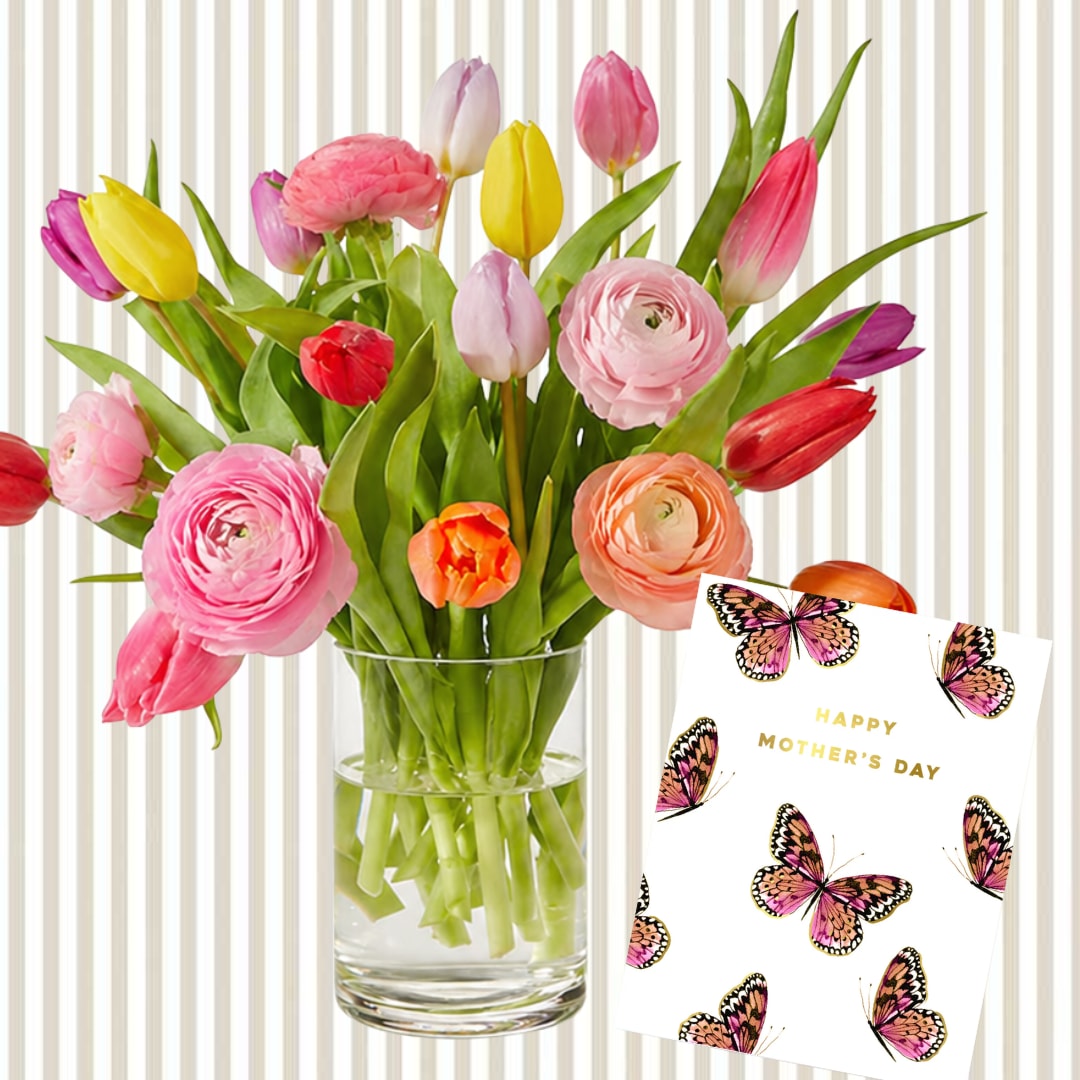 Bluegrass Garden Card Bundle  - Celebrate Mother’s Day with a gift that feels as thoughtful as it is beautiful. Our Bluegrass Garden Card Bundle features a fresh, seasonal arrangement of tulips, ranunculus, and other garden favorites—sourced directly from Kentucky flower farms and designed in our signature loose, garden style.  Each arrangement is paired with a full-sized, hand-painted butterfly card with “Happy Mother’s Day” on the front, making it a complete, ready-to-gift experience.  Soft textures, cheerful color, and locally grown blooms come together in a piece that feels truly special.