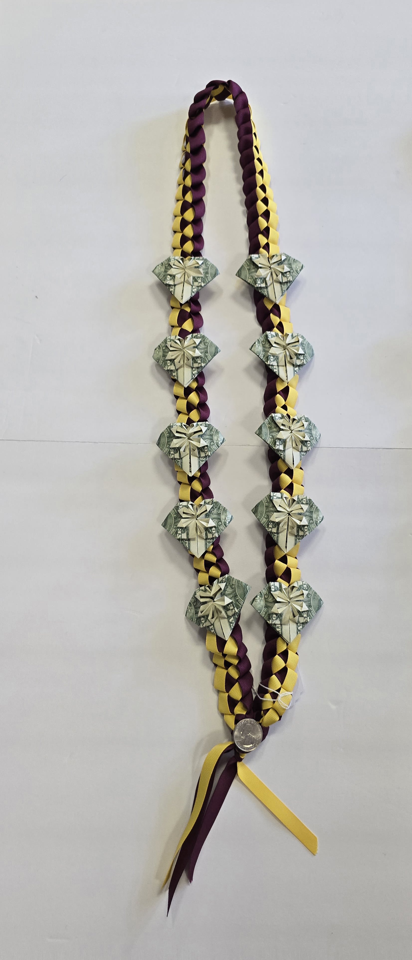 real money orgigami Burgundy &amp; Yellow Heart Money Lei #26 - (10- $1 DOLLAR BILLS ) THESE ARE REAL MONEY ON THE LEI, THERE IS NO RETURN  AND NO REFUND. ALL SALES ARE FINAL ON THESE LEI. WE HAVE MANY COLORS AVAILABLE, PLEASE CALL FOR MORE INFORMATIONS