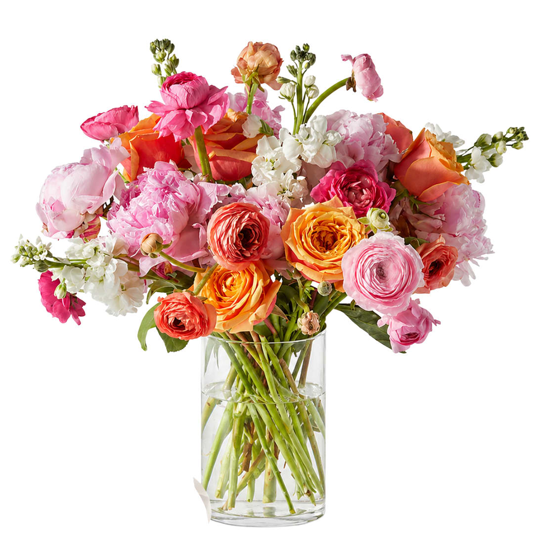 Peony Garden Luxe - Celebrate the beauty of the season with Peony Garden Luxe, a lush, garden-style arrangement featuring abundant peonies paired with ranunculus and complementary seasonal blooms.  Designed in our signature loose, natural style, this arrangement highlights the full, romantic texture of peonies alongside the delicate layers of ranunculus and stock. Soft movement, rich color, and a freshly gathered feel make this design a standout for any occasion.  Arranged in a clear glass vase, this piece is both elegant and effortless—perfect for gifting or making a statement at home.