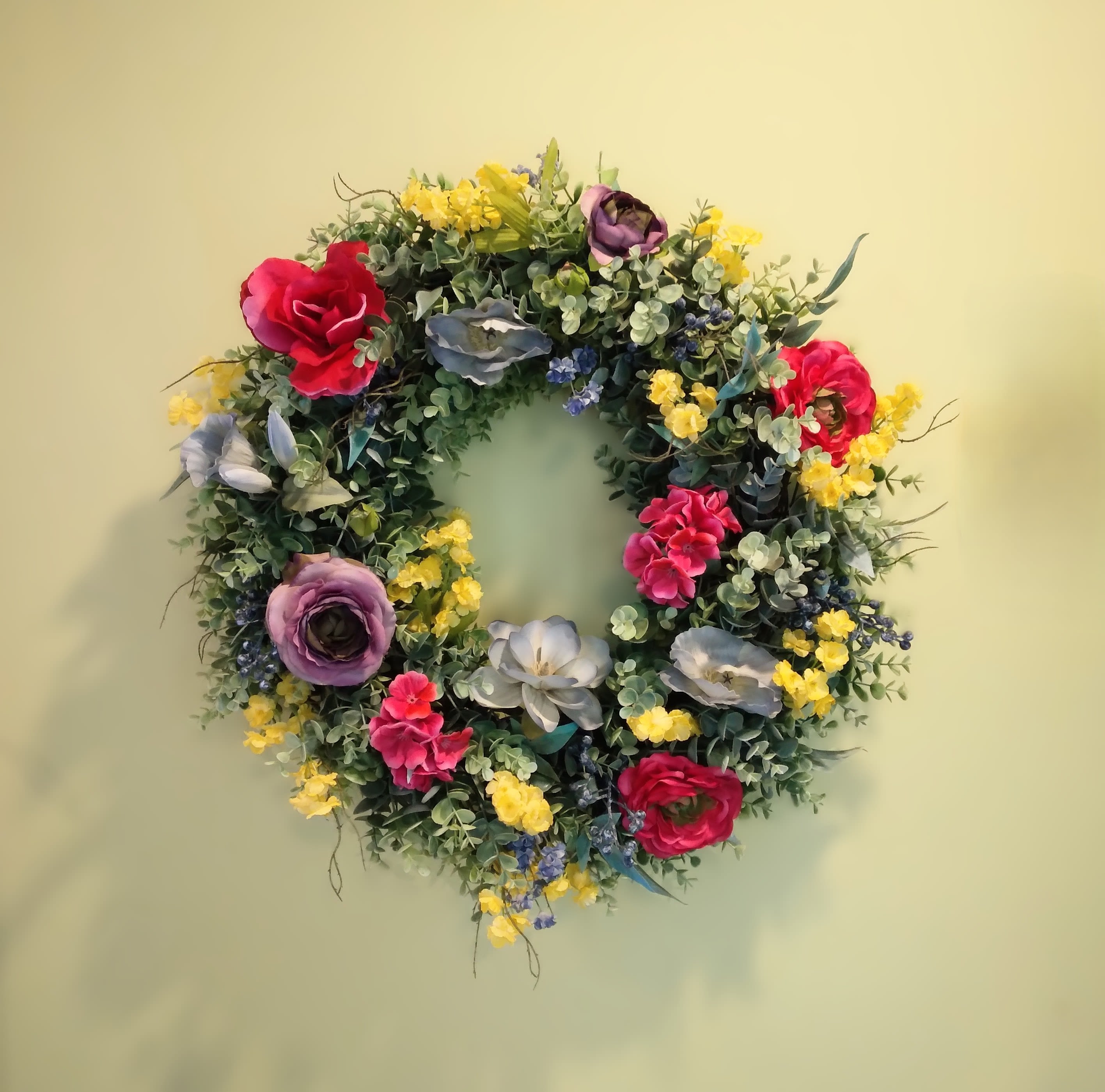 Springtime Sunshine Wreath (Artificial Arrangement)~ Flower A Day - This arrangement makes a lovely addition to any patio or front door by bringing in the bright colors of springtime!