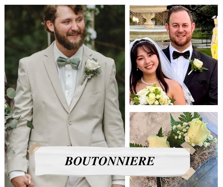 Boutonnieres - We will only be doing white roses for our boutonnières with ribbon to match the dress. Please give us a call so you can send in a photo of the dress so we can best to match the color of the dress to the ribbon on the boutonnière. 