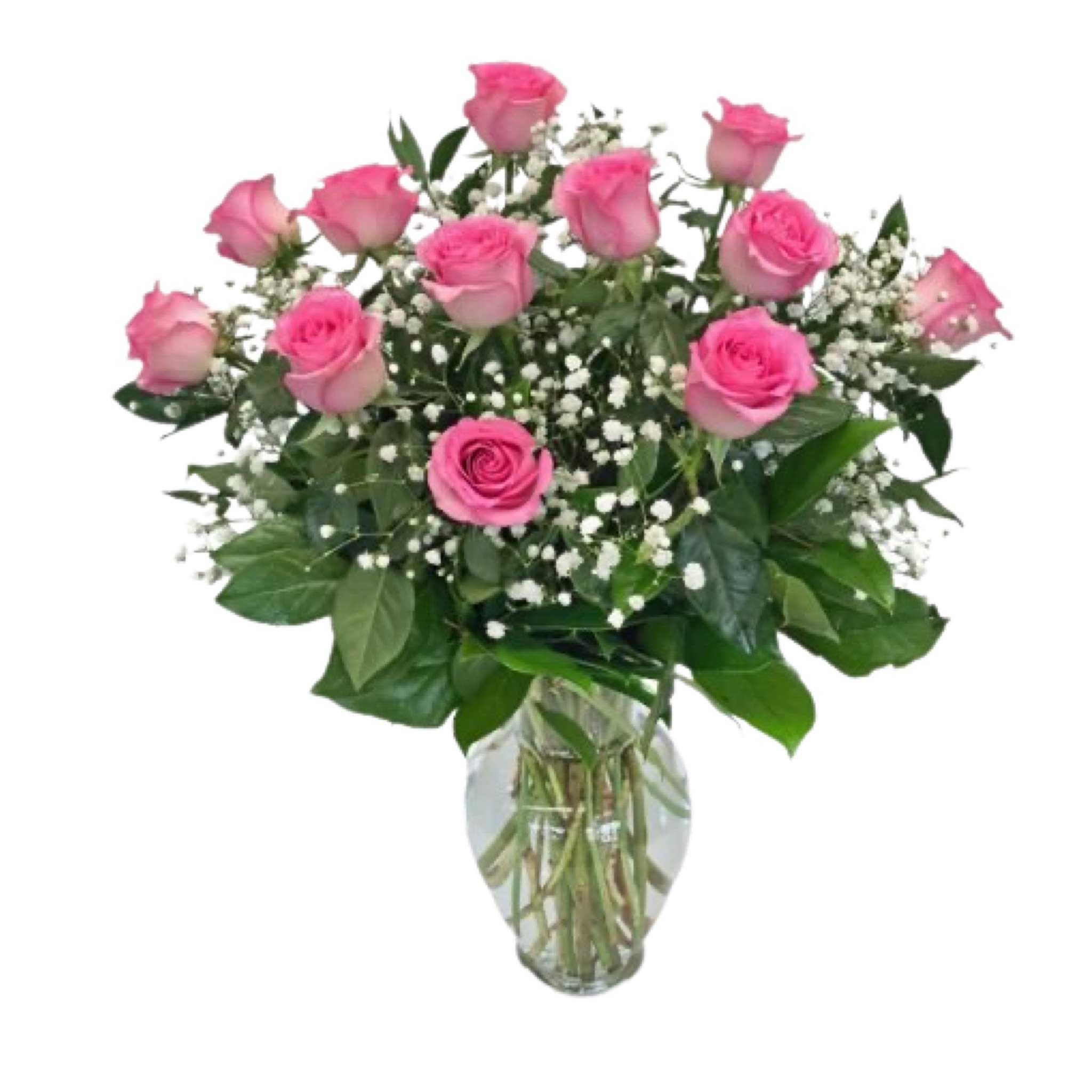 Dozen Pink Roses - Send them your love with 12 pink roses. The spirit of love is beautifully captured in this dozen pink rose vase. Perfect to send to someone you care deeply about. This arrangement is styled one face meaning that flowers are in front and greenery in back. Due to availability the color of the rose will be either light pink or on the darker pink tone, please leave a note in "special note" section if you had a preference and we will do our best to accommodate.