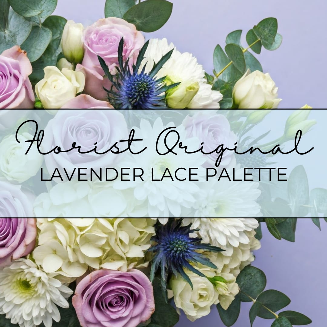 Lavender and white floral bouquet with blue thistle and eucalyptus