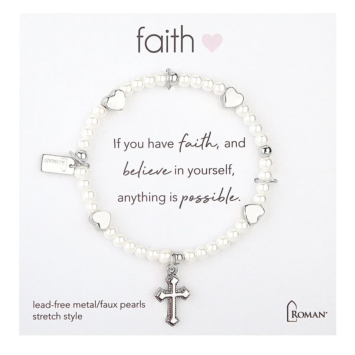 Silver Faith Charm Bracelet -  A delicate stretch bracelet featuring faux pearls and silver-tone charms, including a cross and heart accent. This piece makes a thoughtful gift for loved ones or a special reminder for yourself. Lightweight, comfortable, and perfect for everyday wear. 
