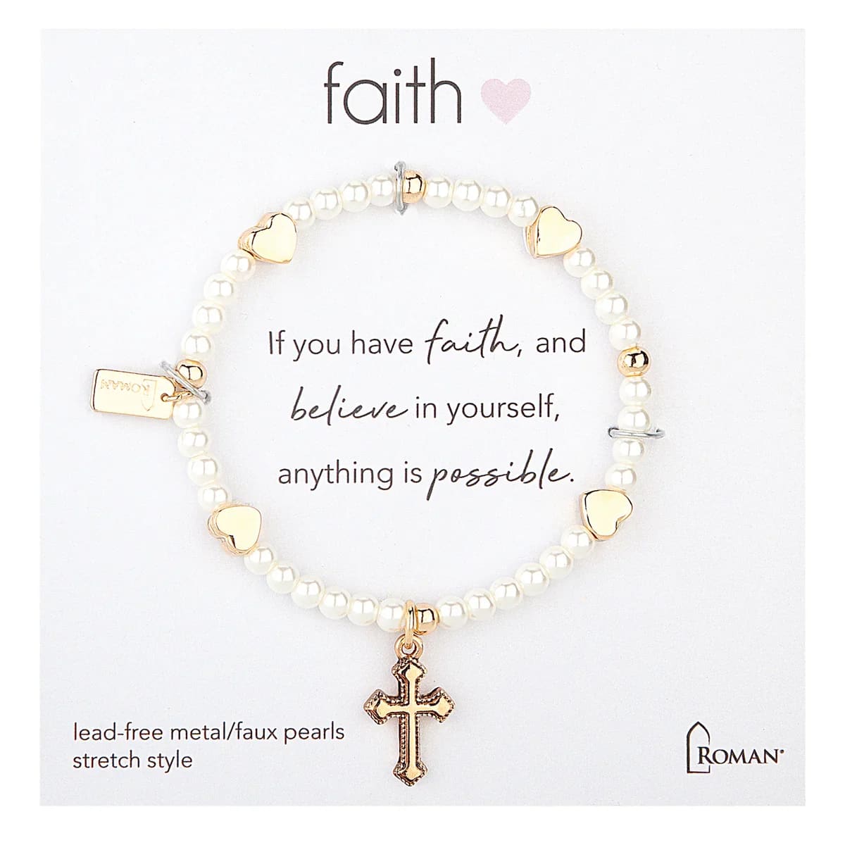 Gold Faith Charm Bracelet -  A delicate stretch bracelet featuring faux pearls and gold-tone charms, including a cross and heart accent. This piece makes a thoughtful gift for loved ones or a special reminder for yourself. Lightweight, comfortable, and perfect for everyday wear. 