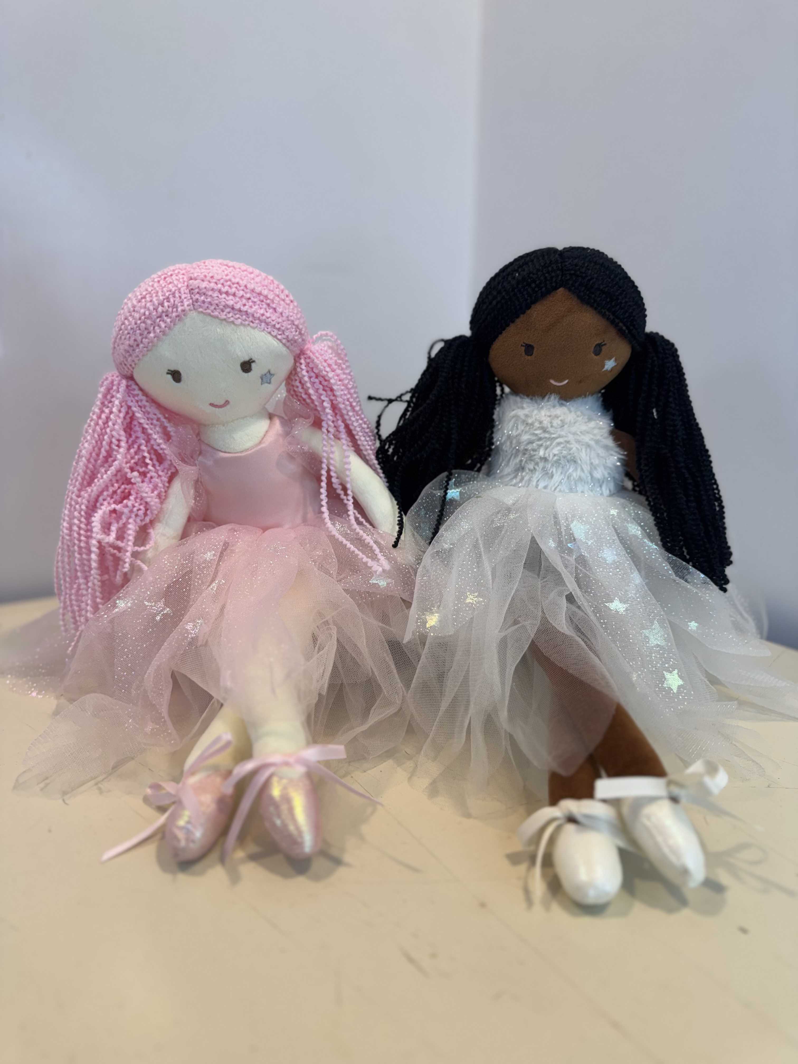 Ballerna Dolls with Tulle and Slippers - Soft, whimsical ballerina dolls dressed in sparkling tulle and ballet slippers. We have this doll in white and black. 
