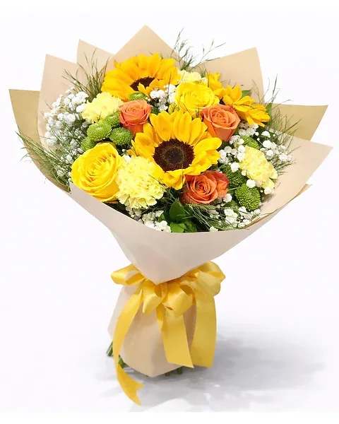 Sunshine  Bouquet - The Sunshine Charm Bouquet  Featuring radiant sunflowers at the center, surrounded by yellow and orange roses, soft carnations, and fresh green. Wrapped in elegant paper and tied with ribbons, this cheerful arrangement radiates warmth and positivity, making it a delightful gift for brightening someone's day.