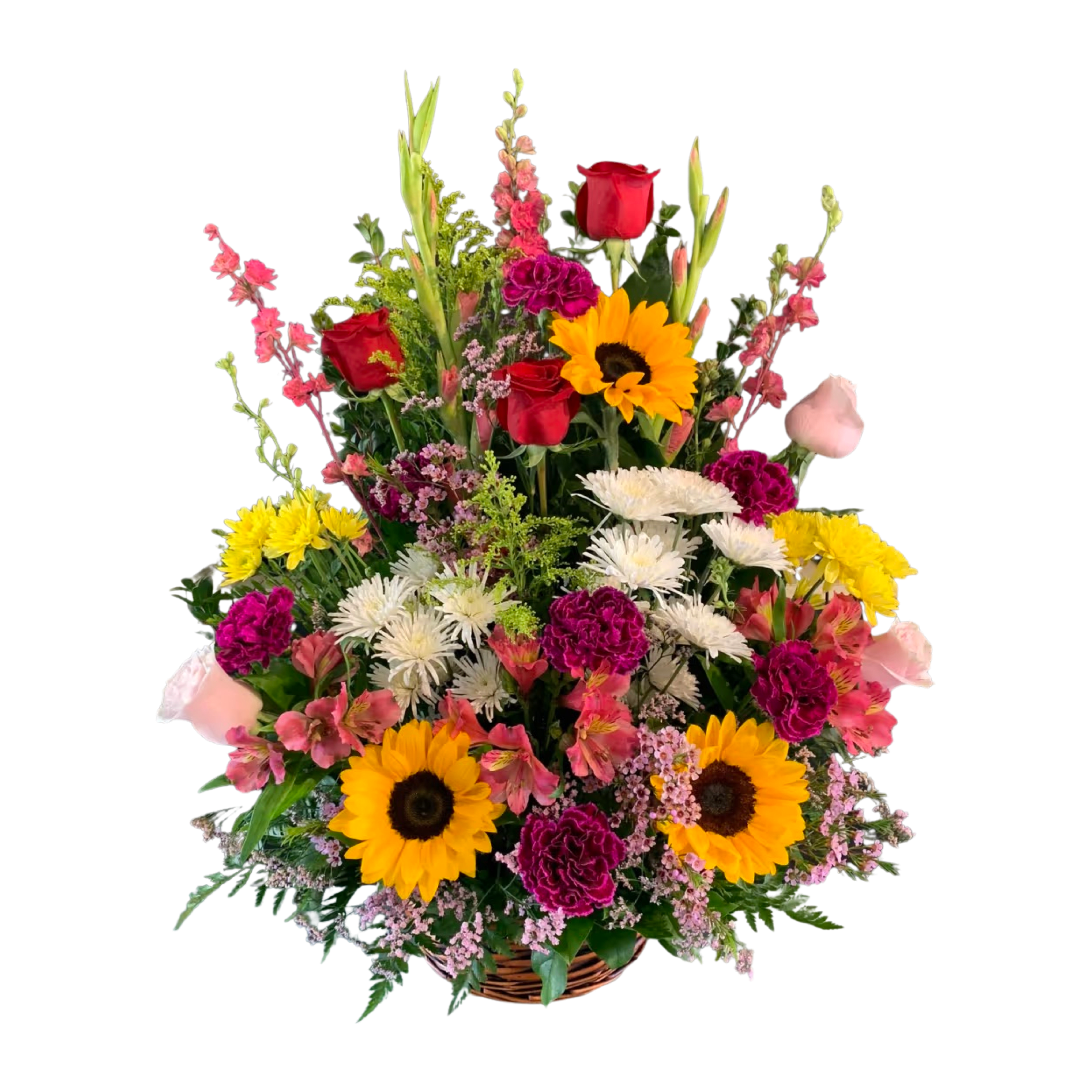 Large Designers Choice Floral Mix Basket - Send out a lovely mix selection of colorful florals. Our colorful mix arrangements are DESIGNERS CHOICE. Meaning there will be no specifications on flowers, no specific colors. We will guarantee a beautiful arrangement with the freshest florals. BASKET may be replaced with wooden box upon availability