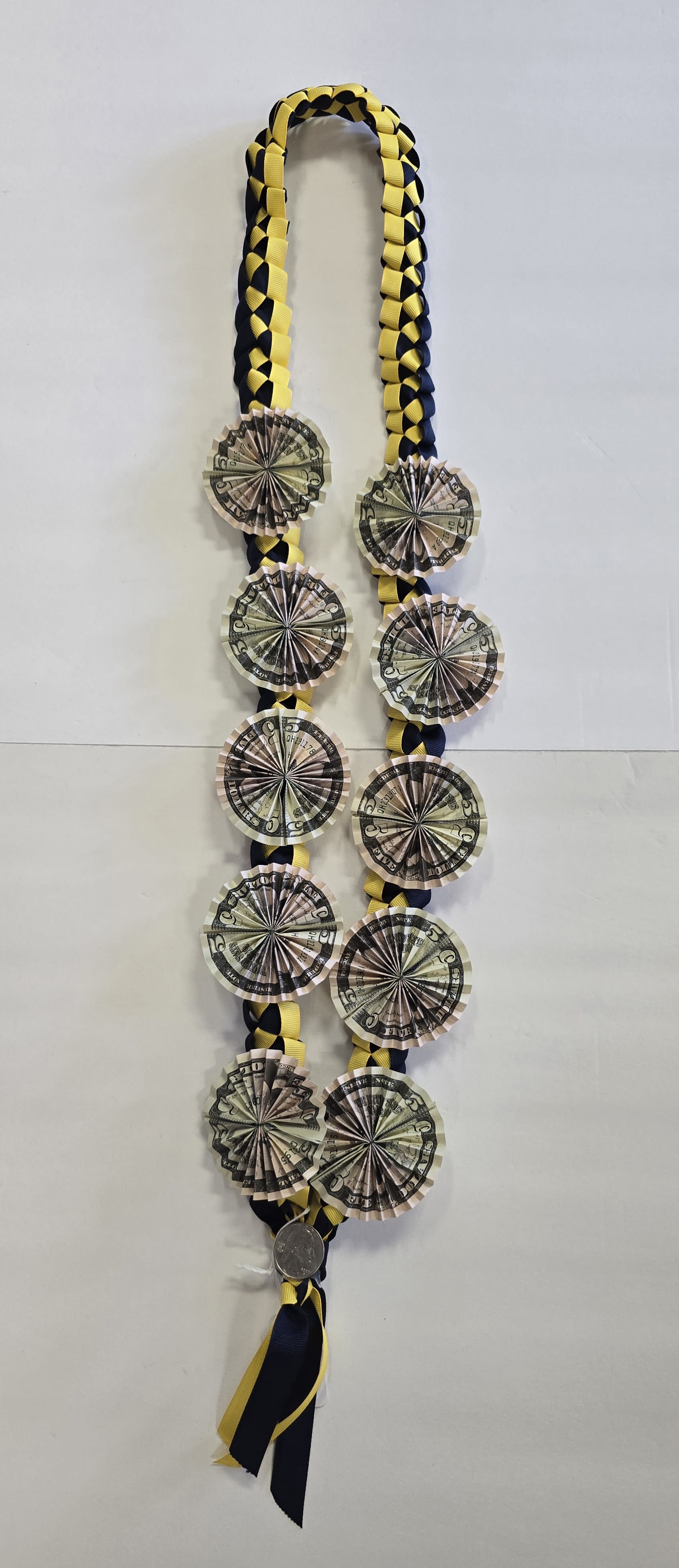 Black &amp; Yellow Money Lei #29 - (10- $5 DOLLAR BILLS ) THESE ARE REAL MONEY ON THE LEI, THERE IS NO RETURN  AND NO REFUND. ALL SALES ARE FINAL ON THESE LEI. WE HAVE MANY COLORS AVAILABLE, PLEASE CALL FOR MORE INFORMATIONS