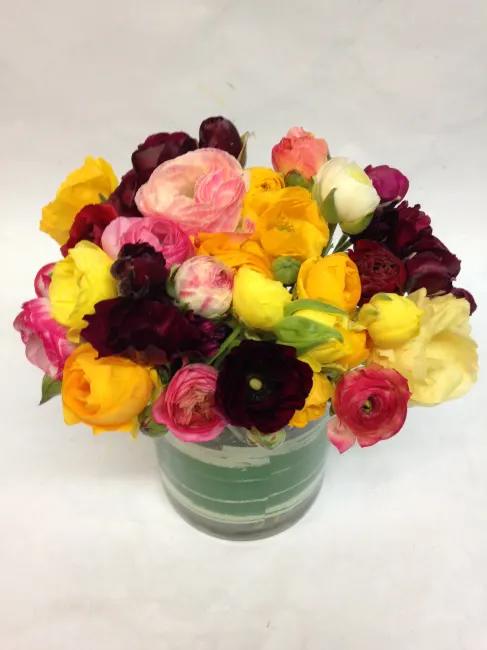 Mixed colorful ranunculus bouquet in a glass vase
