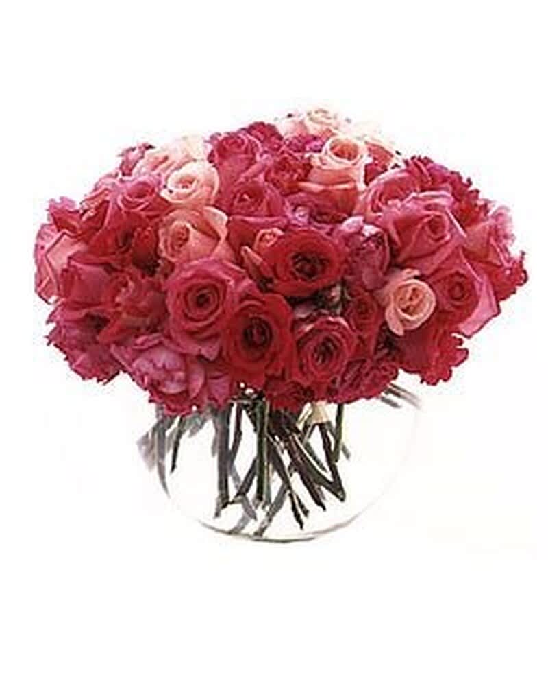 Low arrangement of pink and red roses clustered tightly in a clear round glass vase