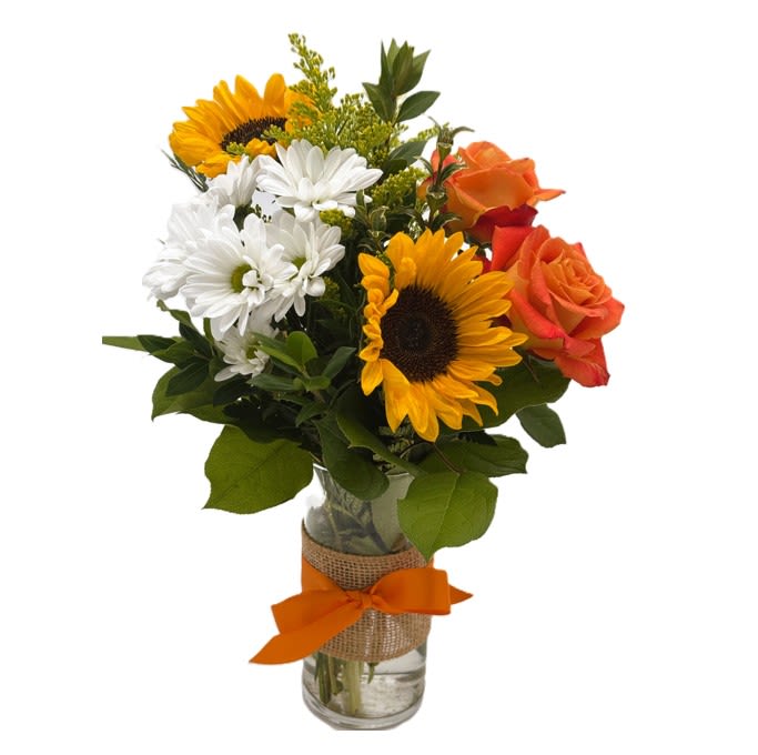 Mother’s Golden Sunshine - A sunny mix of sunflowers, orange roses, and white daisies in a glass vase with decorative ribbon—designed to bring warmth, joy, and smiles this Mother’s Day.