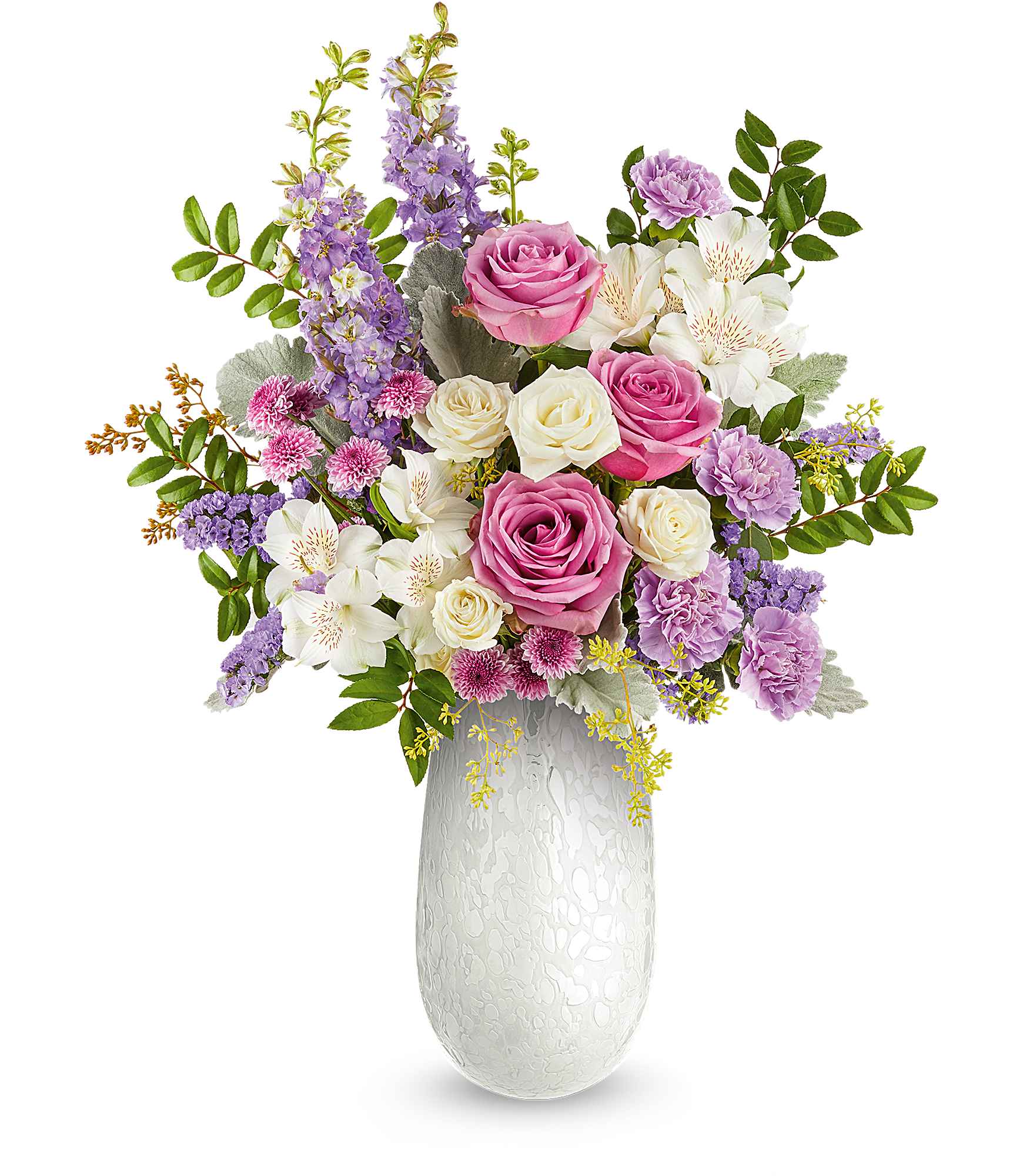 Prism Petals Bouquet - Celebrate Mom with our Prism Petals Bouquet, a radiant mix of pink, lavender, and ivory blooms beautifully arranged in Teleflora's Amelia Vase. This elegant art glass keepsake adds soft shimmer and a heartfelt Mother's Day touch.