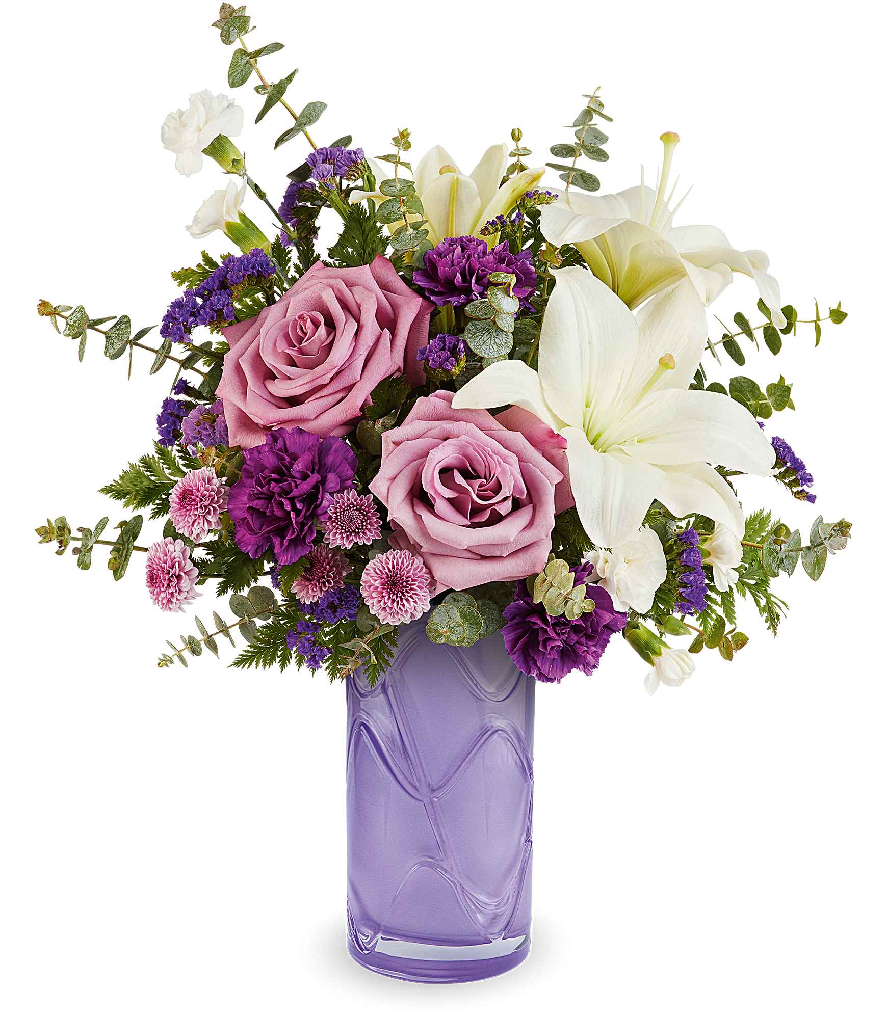 Mauvelous Bloom Bouquet - Make Mother's Day extra special with our Mauvelous Bloom Bouquet, a lush mix of soft mauve and purple blooms elegantly arranged in our Pretty Daydream Vase-a beautiful keepsake she'll enjoy long after the flowers fade.