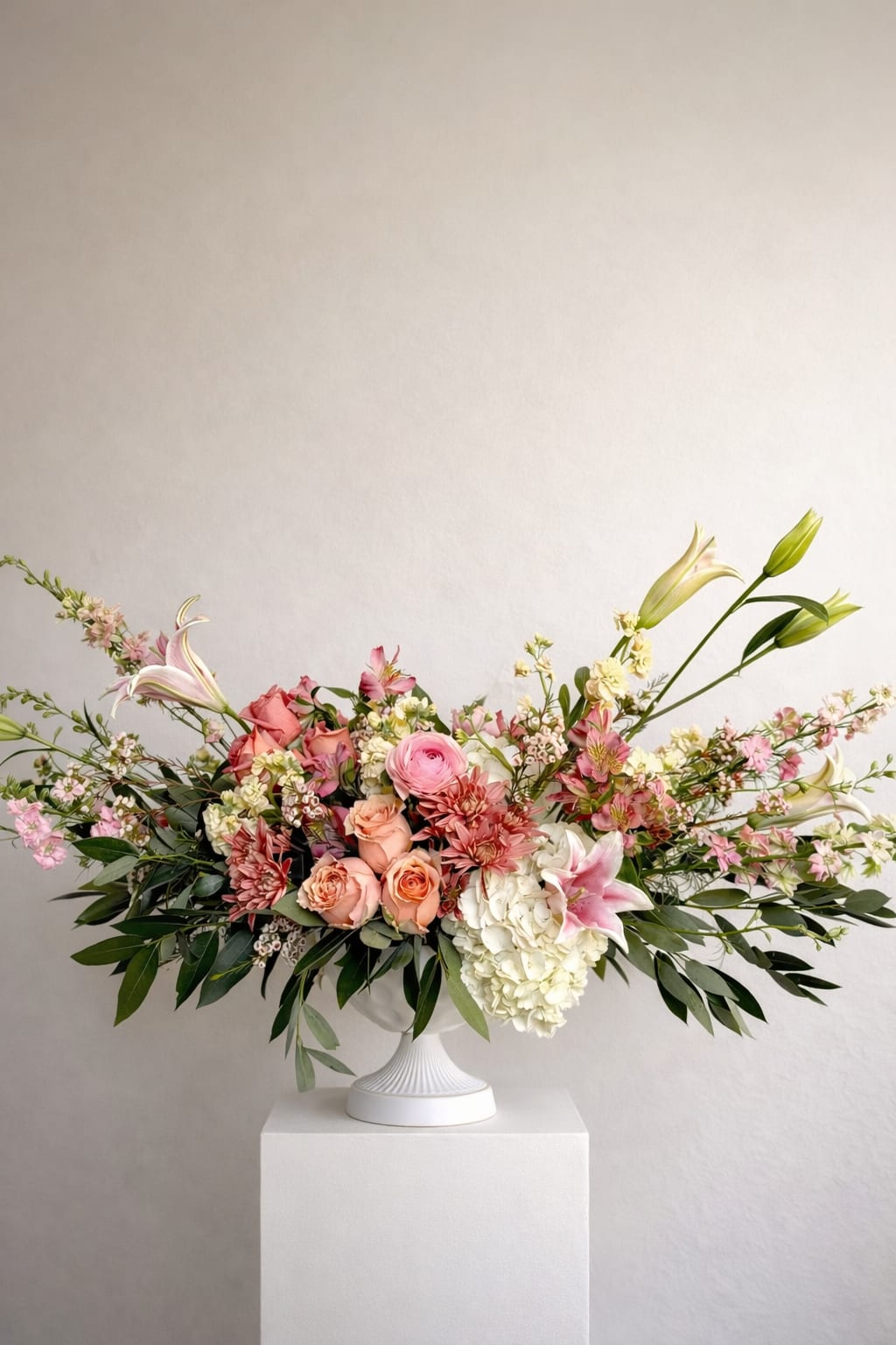 Grand Sunset - Delicate pink lilies and ranunculus bloom among clusters of peach roses, airy stock, and seasonal accents, while lush greenery extends outward in an organic, sculptural silhouette.  Designed with a natural asymmetry, this arrangement evokes the warmth of a setting sun—romantic, refined, and effortlessly modern. Each stem is thoughtfully placed to preserve its natural character, creating depth, rhythm, and a sense of quiet luxury.  Perfect as a statement centerpiece or a refined gesture for life’s most meaningful moments.