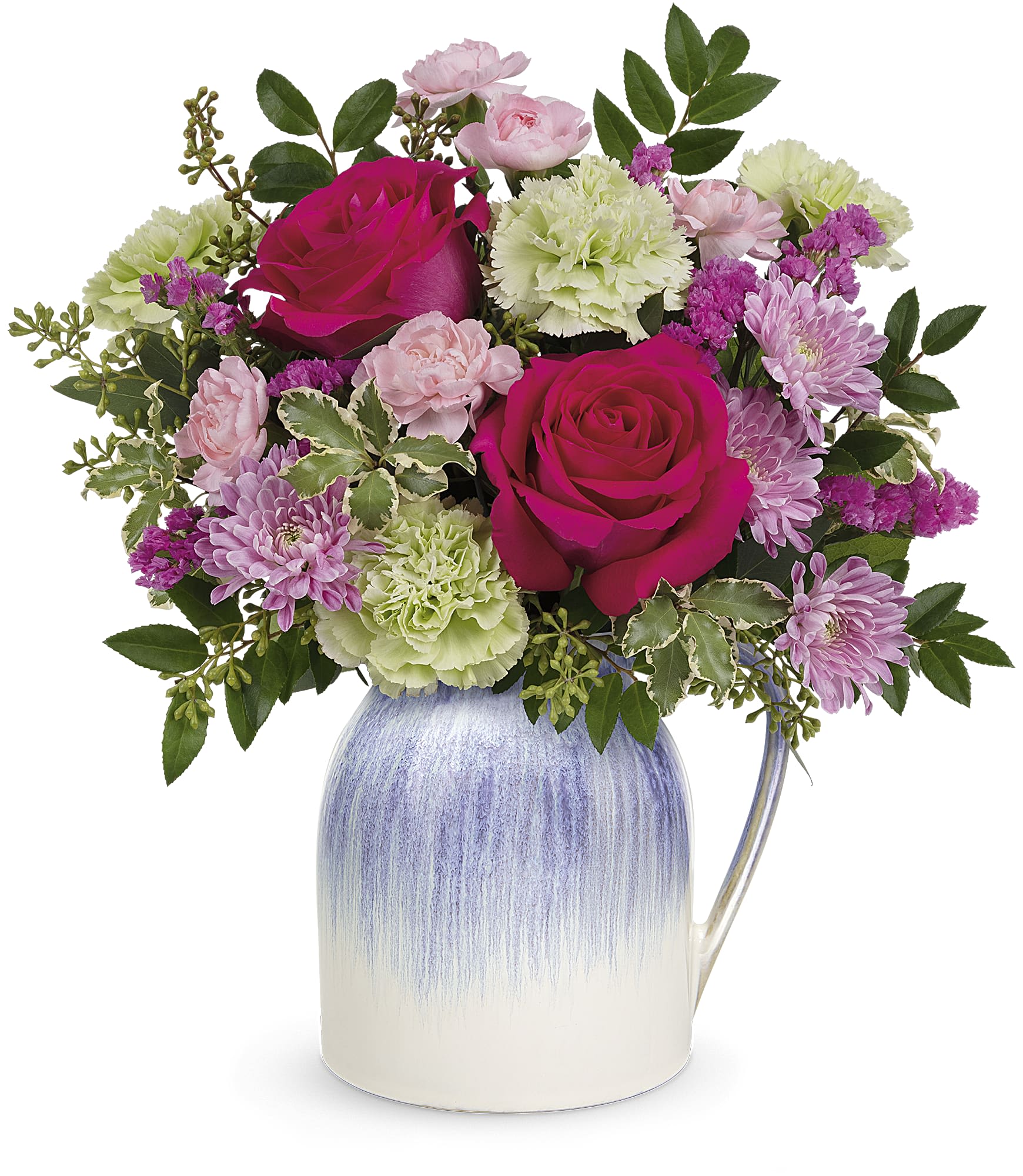 Spring In The Countryside Bouquet - Springtime perfection! Celebrate the season with pretty pink and pale green blooms, artfully arranged in a country-inspired ceramic pitcher that's food-safe and finished with a subtle iridescent glaze.